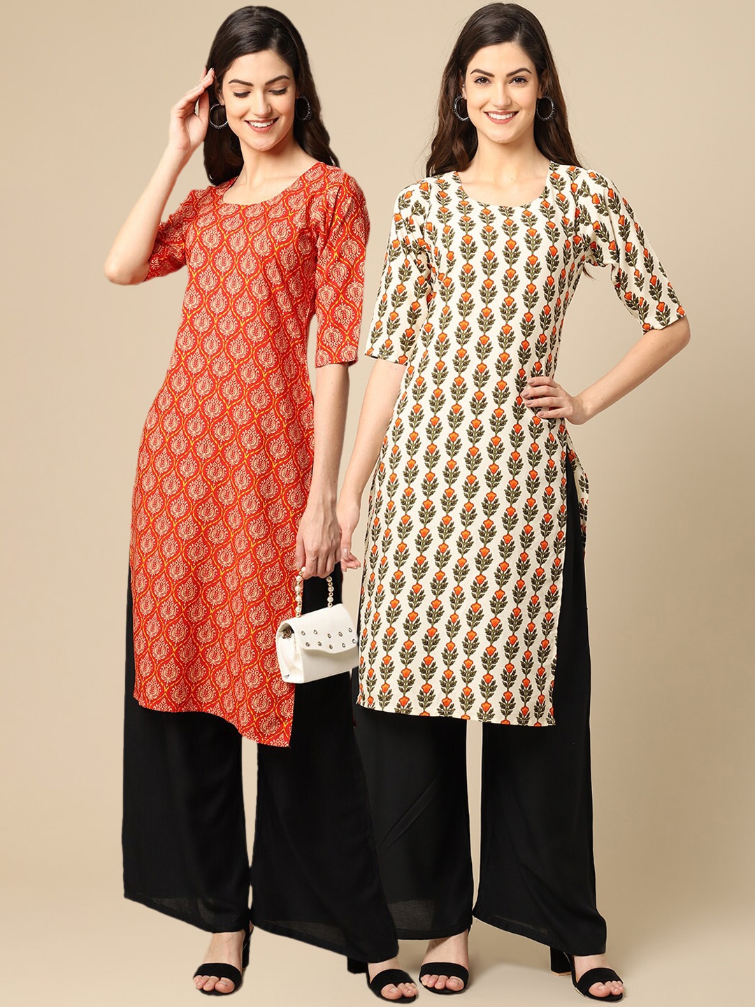 

7Threads Women Orange & Cream-Coloured Paisley Printed Crepe Pack of 2 Kurta