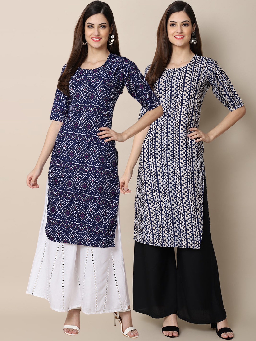 7Threads Women Pack of 2 Blue Geometric Printed Crepe Kurta