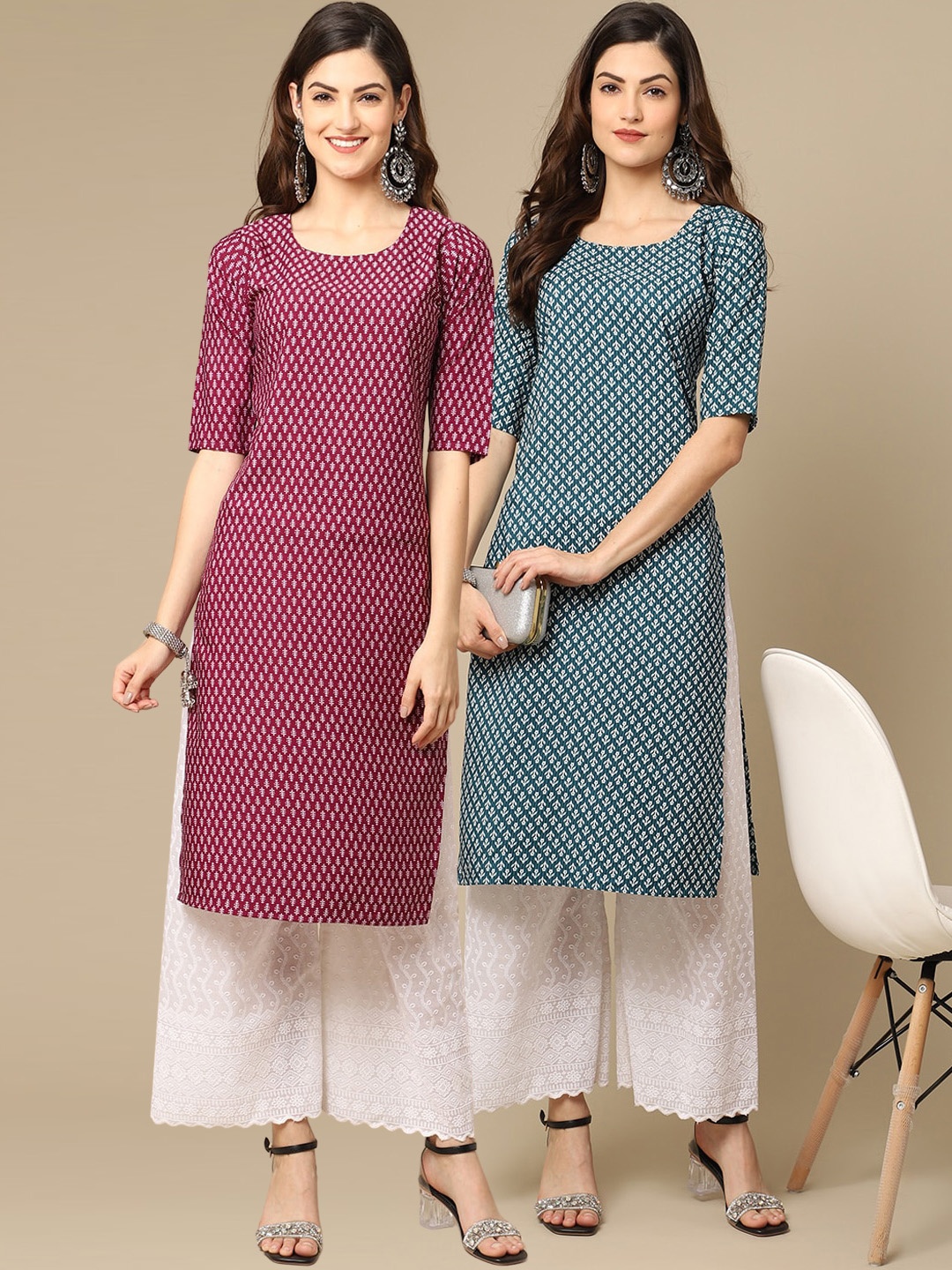 

7Threads Women Pack of 2 Ethnic Motifs Printed Crepe Kurta, Pink