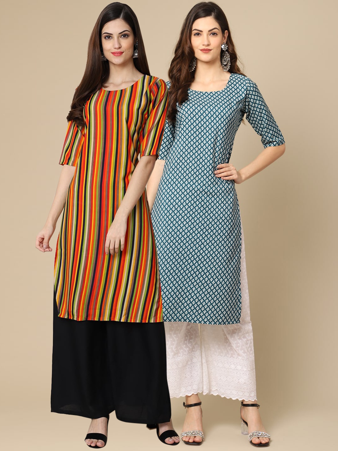 

7Threads Women Pack Of 2 Orange & Blue Geometric Striped Crepe Kurta
