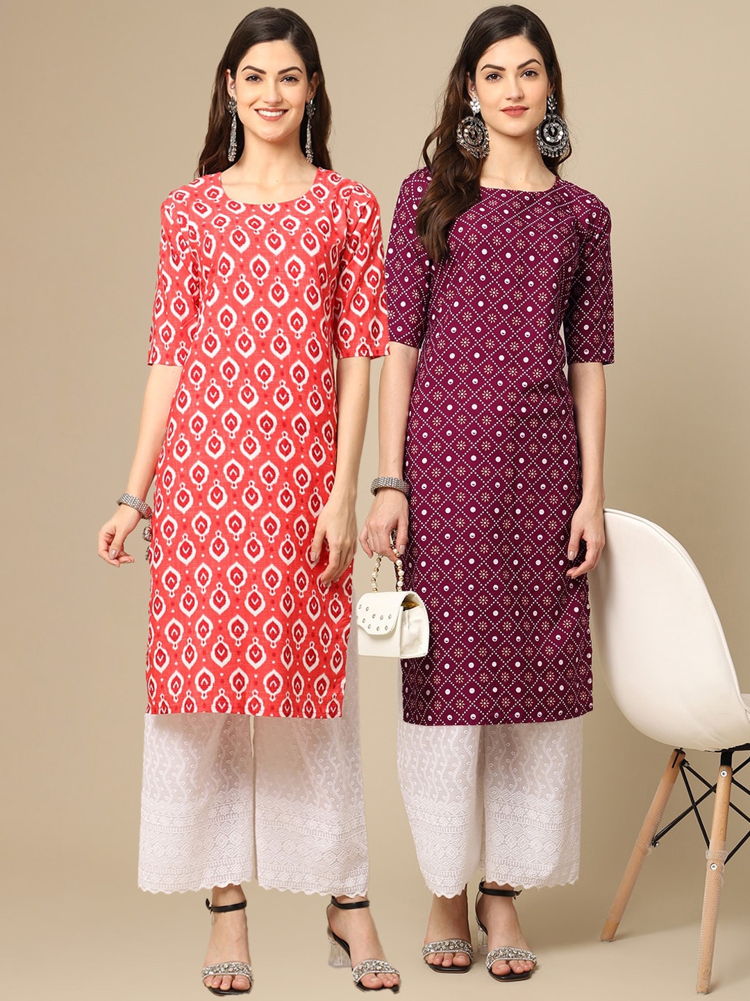 

7Threads Women Pack Of 2 Peach-Coloured & Purple Printed Block Print Crepe Kurtas