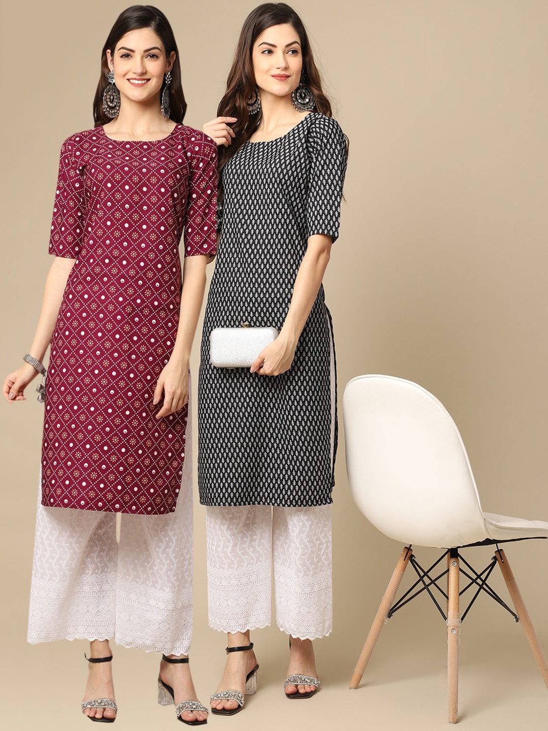 

7Threads Women Pack Of 2 Maroon & Black Ethnic Motifs Printed Crepe Kurta