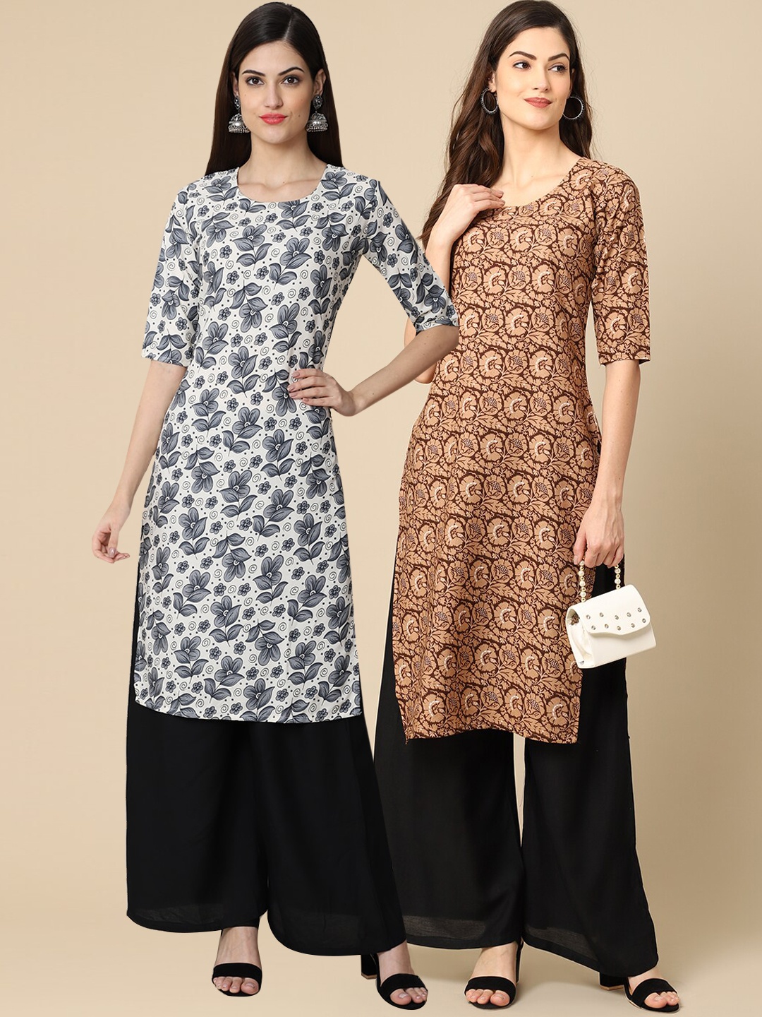 7Threads Women Pack Of 2 White & Beige Floral Printed Crepe Kurta