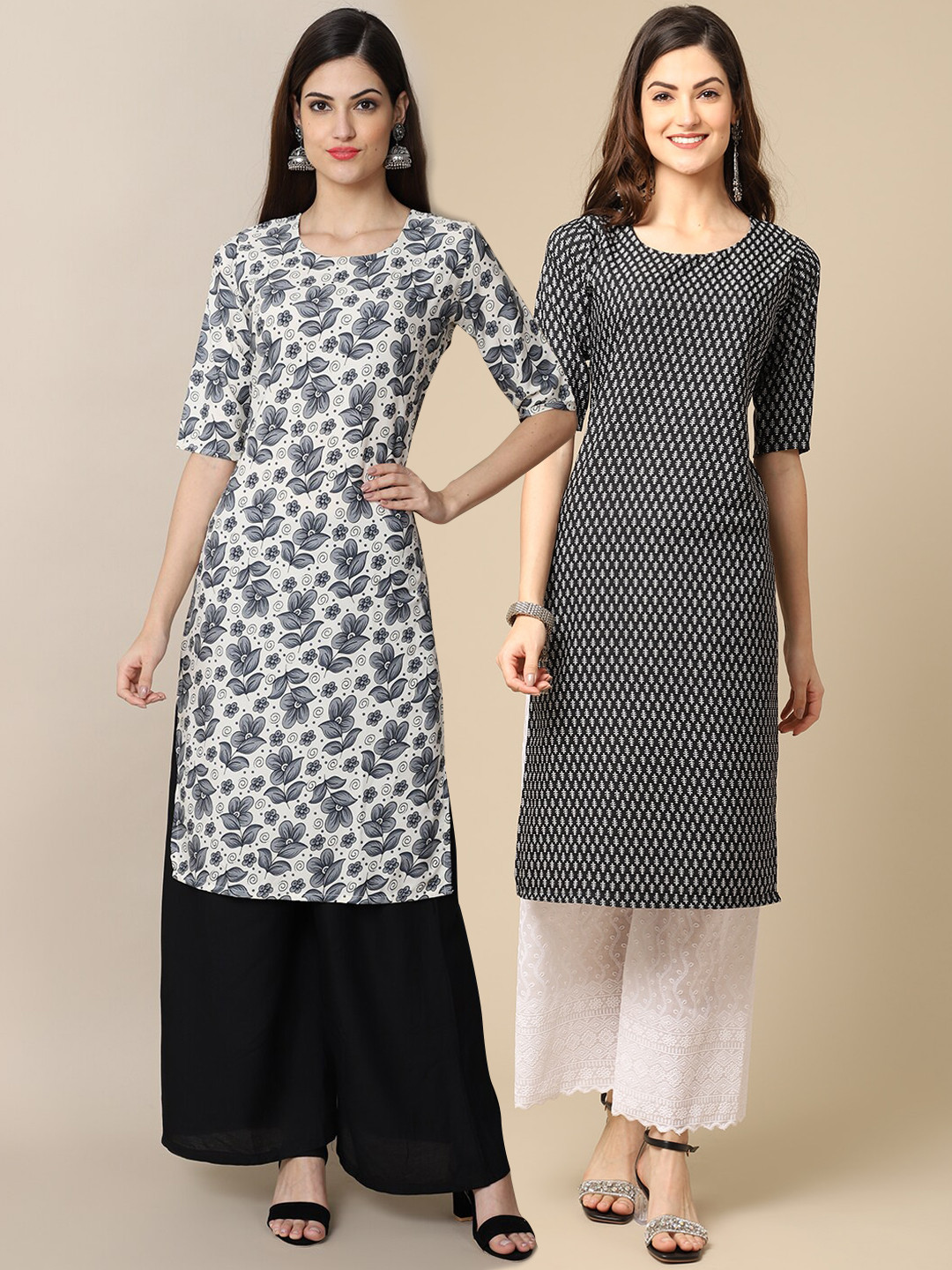 

7Threads Women Pack of 2 Grey & Black Geometric Printed Crepe Kurta