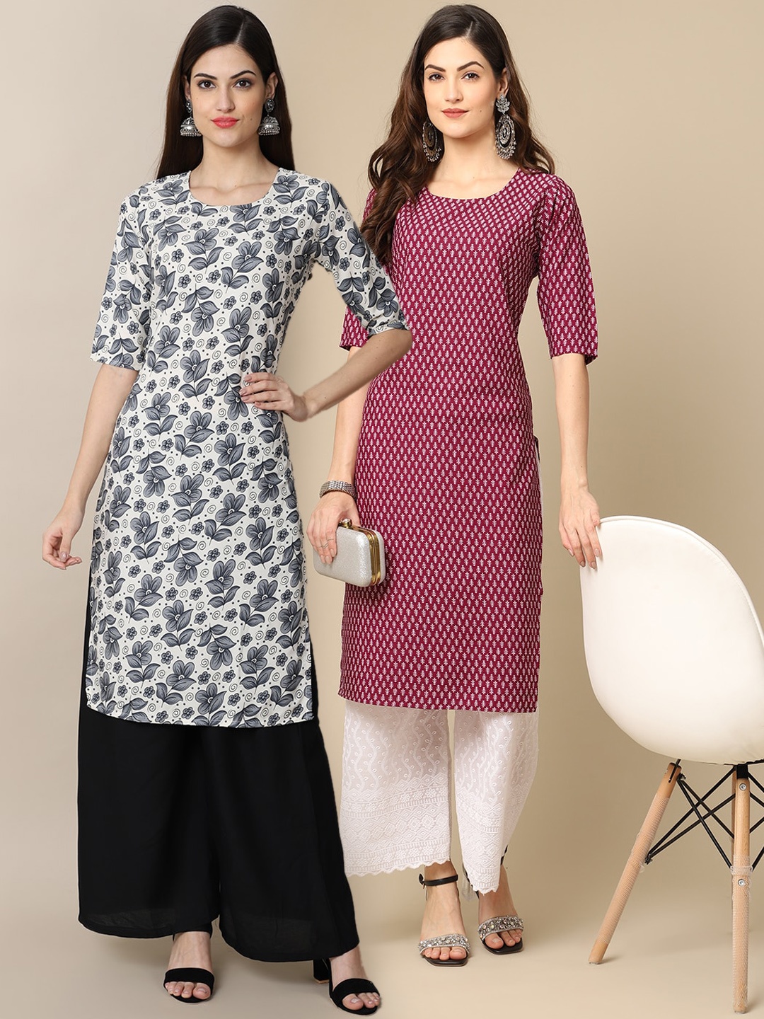 7Threads Women Pack Of 2 White & Maroon Floral Printed Crepe Kurta