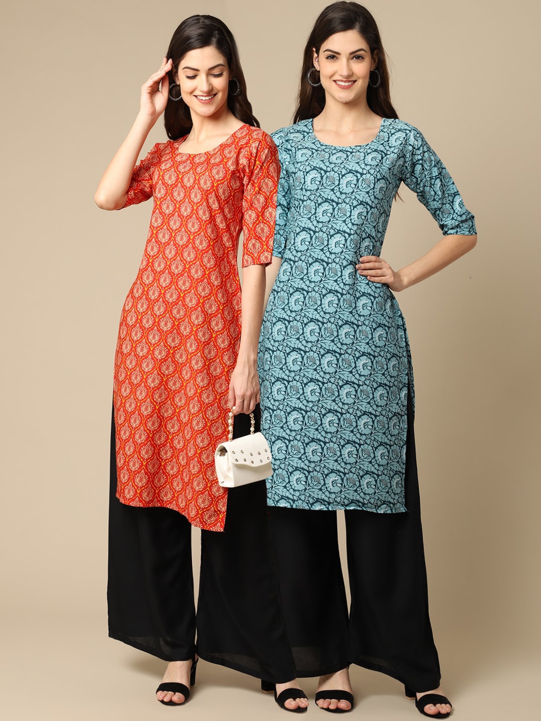 

7Threads Women Pack Of 2 Orange & Blue Printed Block Print Crepe Kurtas