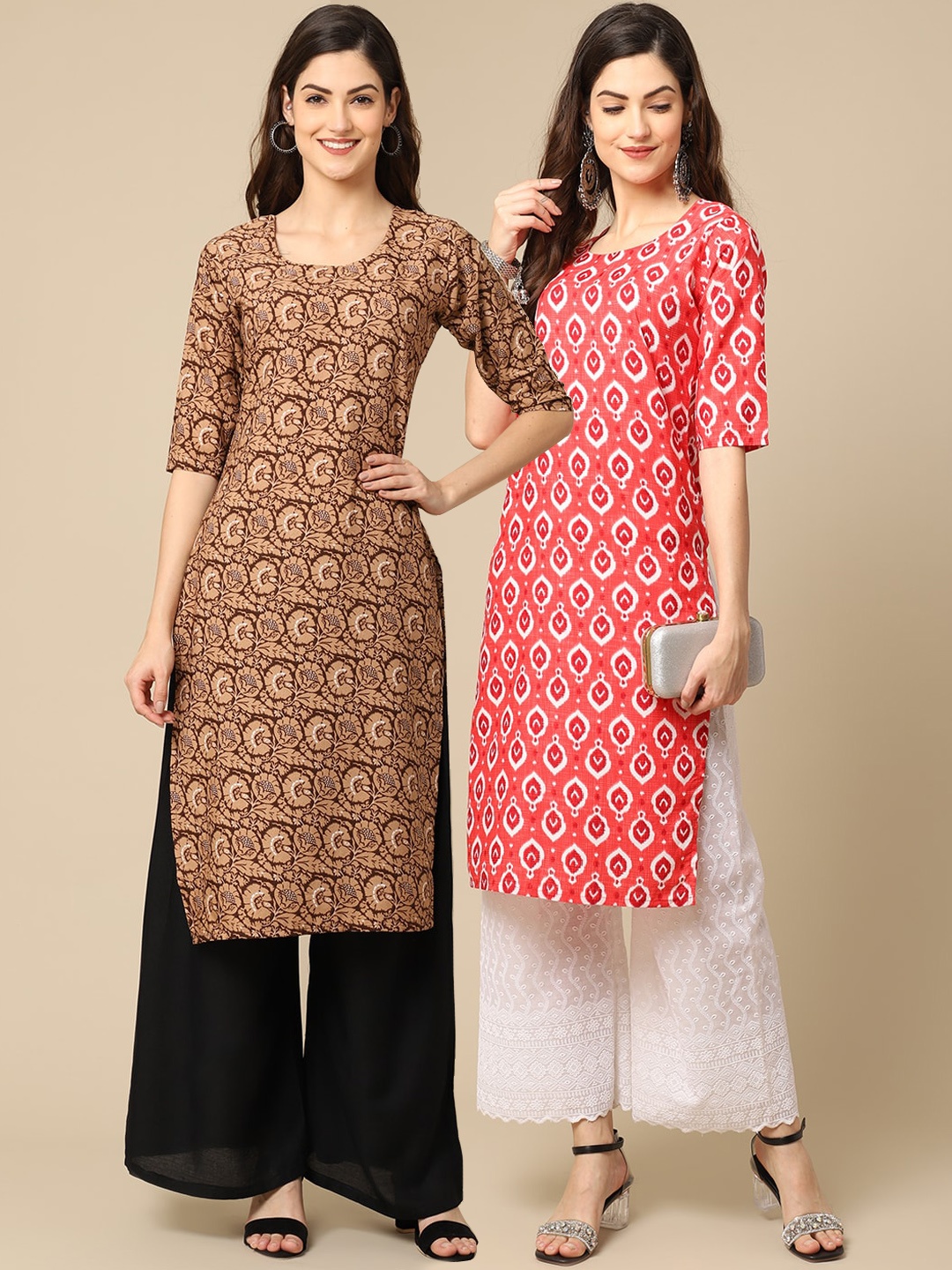 

7Threads Women Pack Of 2 Peach-Coloured & Brown Geometric Printed Block Print Crepe Kurtas