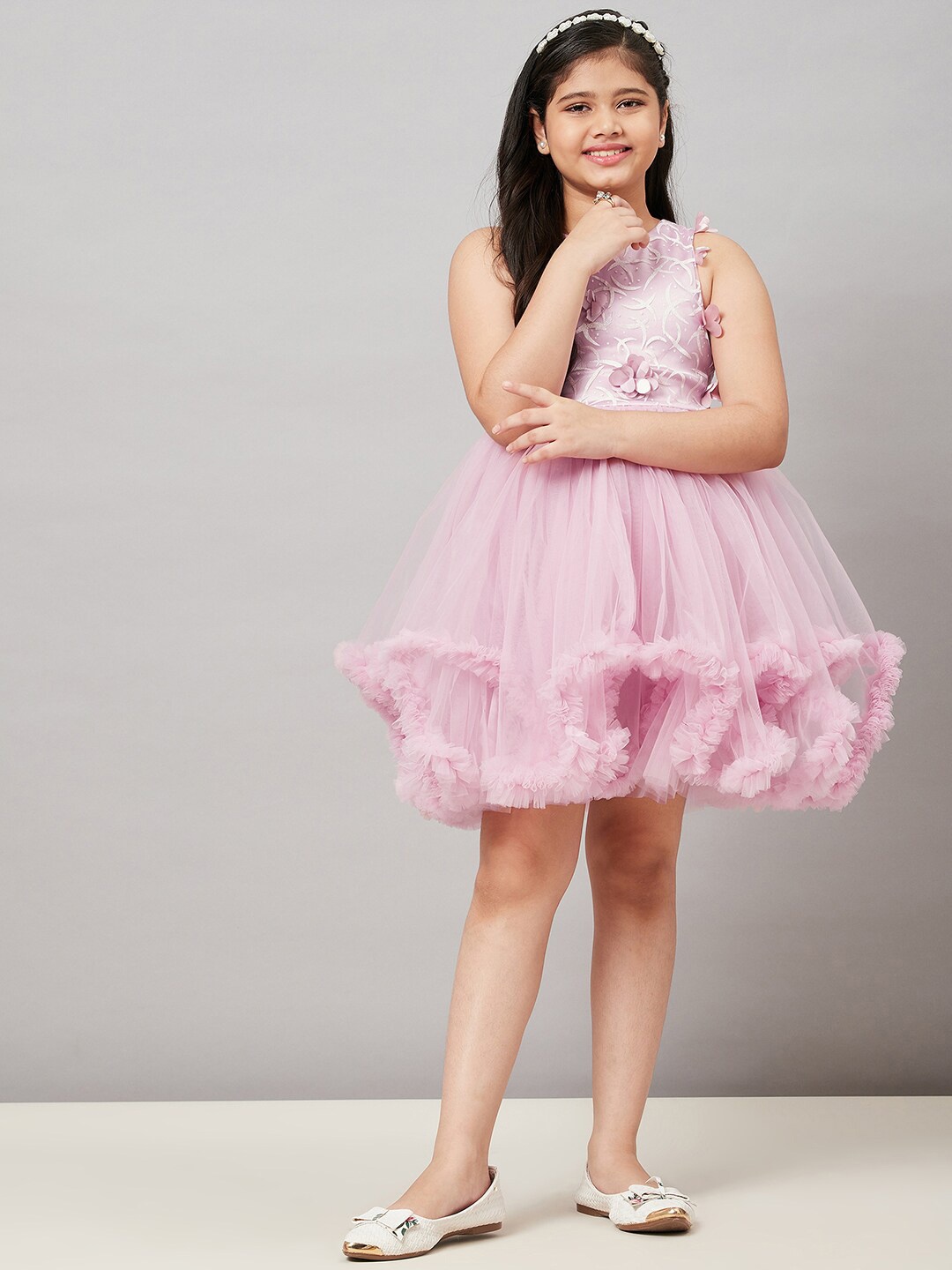 

Stylo Bug Girls Pink Floral Net A-Line Dress