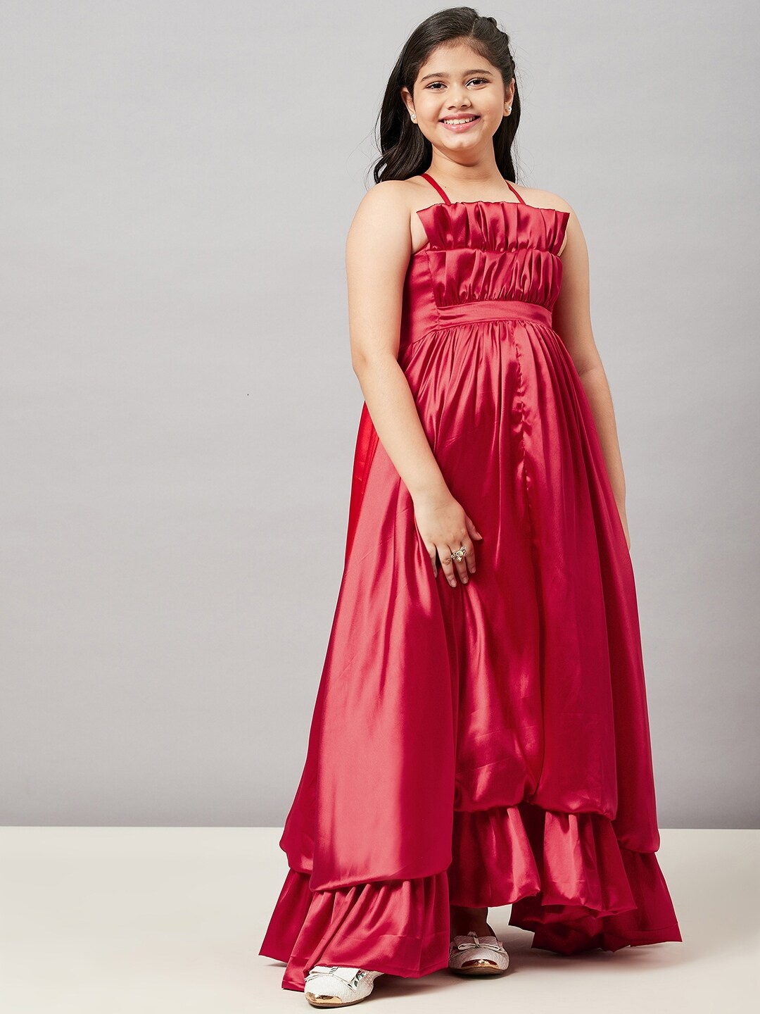 

Stylo Bug Red Satin Solid Shoulder Straps Layered Maxi Dress