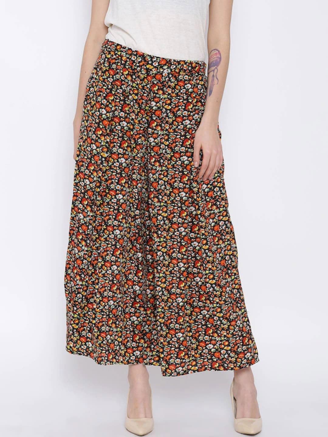 

Sera Women Black & Orange Floral Printed Relaxed Straight Leg Flared Pleated Trousers