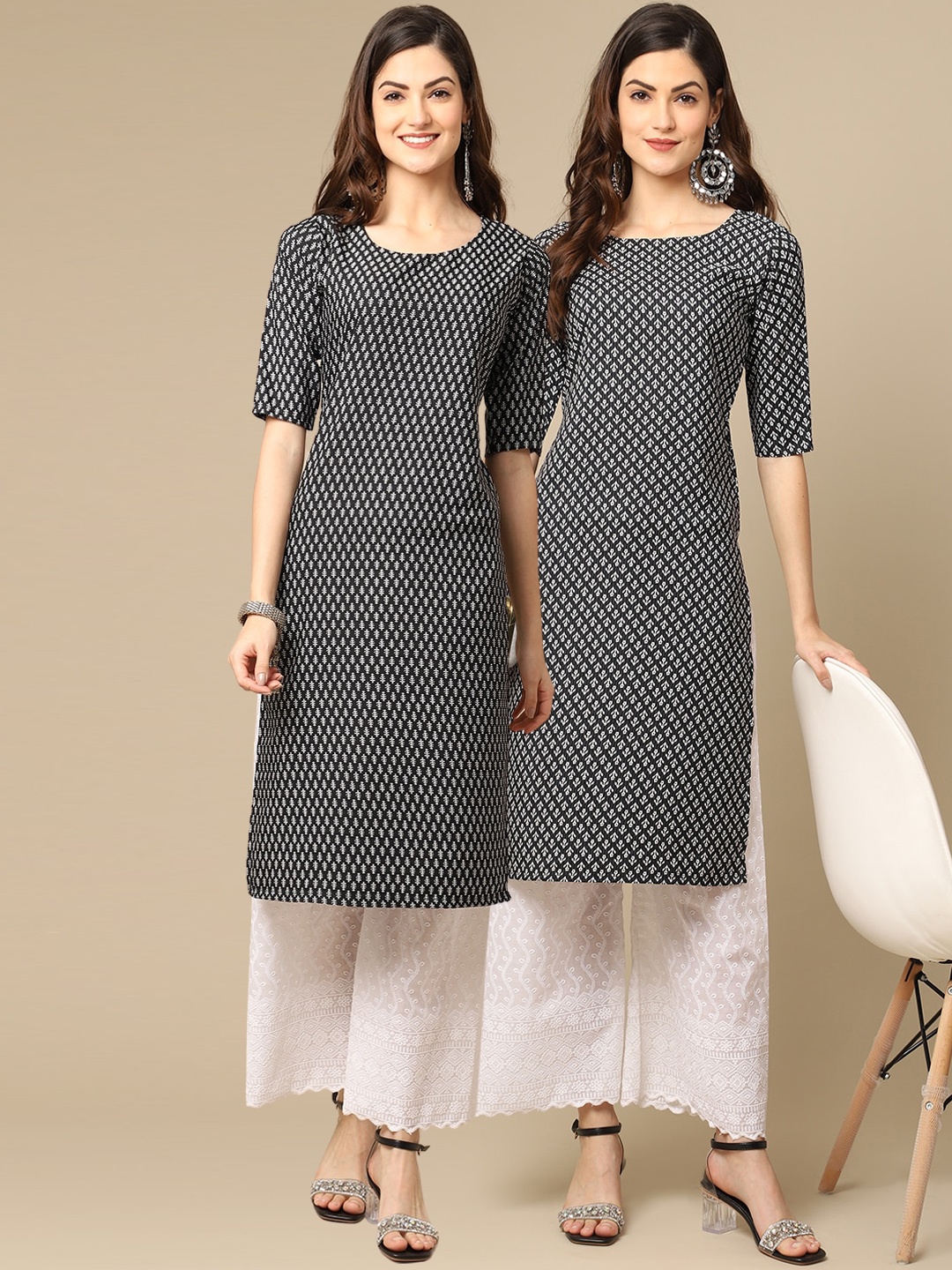 

7Threads Women Pack Of 2 Black & White Ethnic Motifs Printed Crepe Kurta