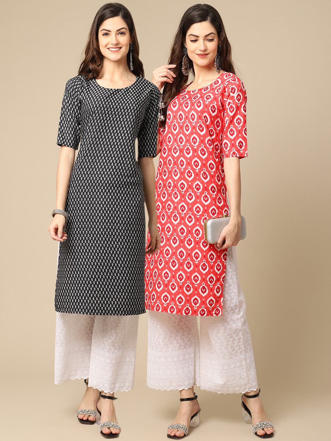 

7Threads Women Multicoloured Geometric Printed Thread Work Block Print Handloom Crepe Kurta, Multi