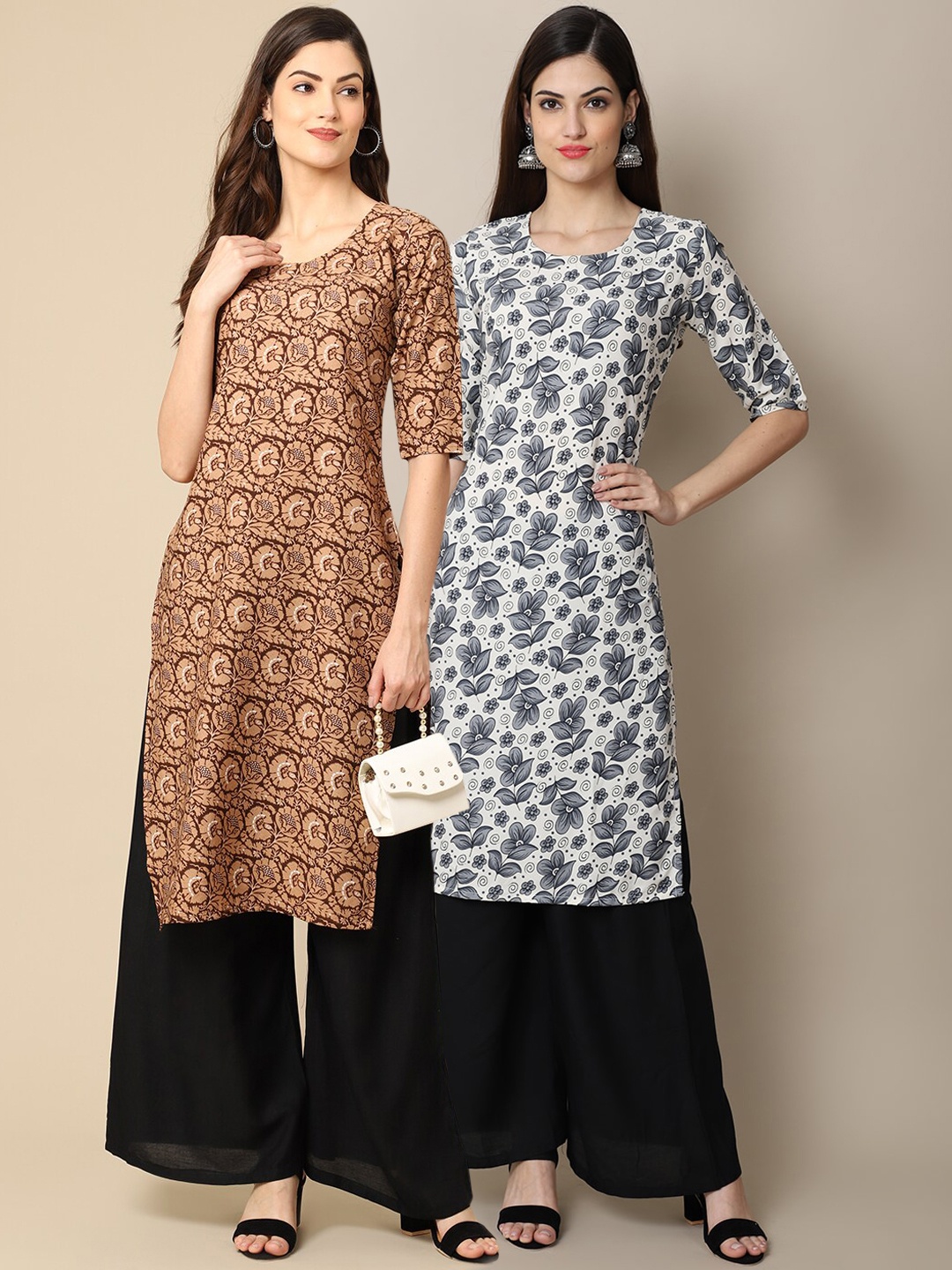 

7Threads Women Pack Of 2 Brown & White Floral Printed Block Print Crepe Kurtas