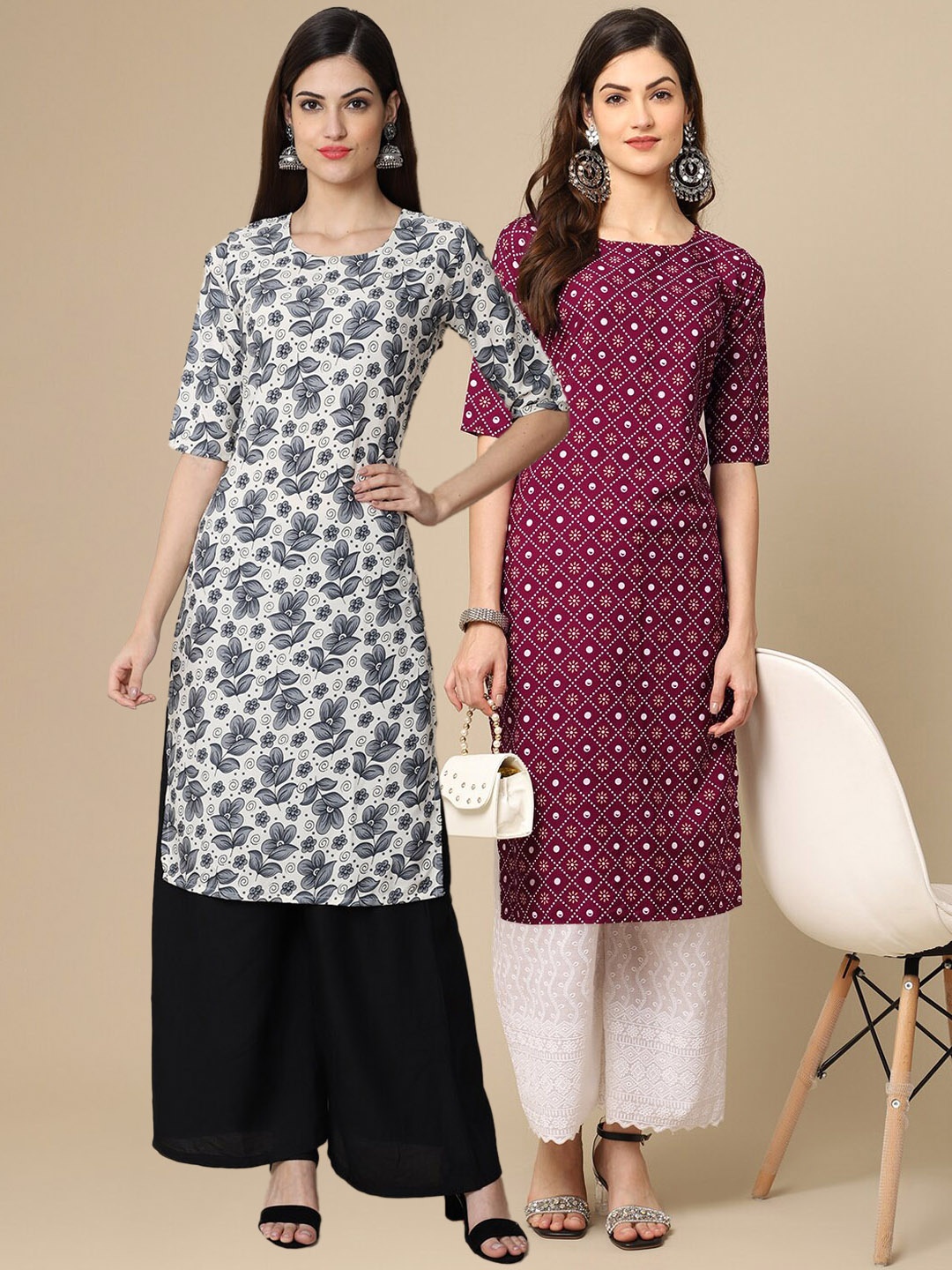 

7Threads Women Pack of 2 Block Print Handloom Crepe Kurta, Grey