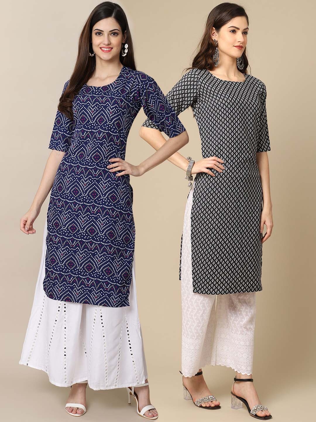 

7Threads Women Pack of 2 Navy Blue & Black Geometric Printed Block Print Handloom Crepe Kurta