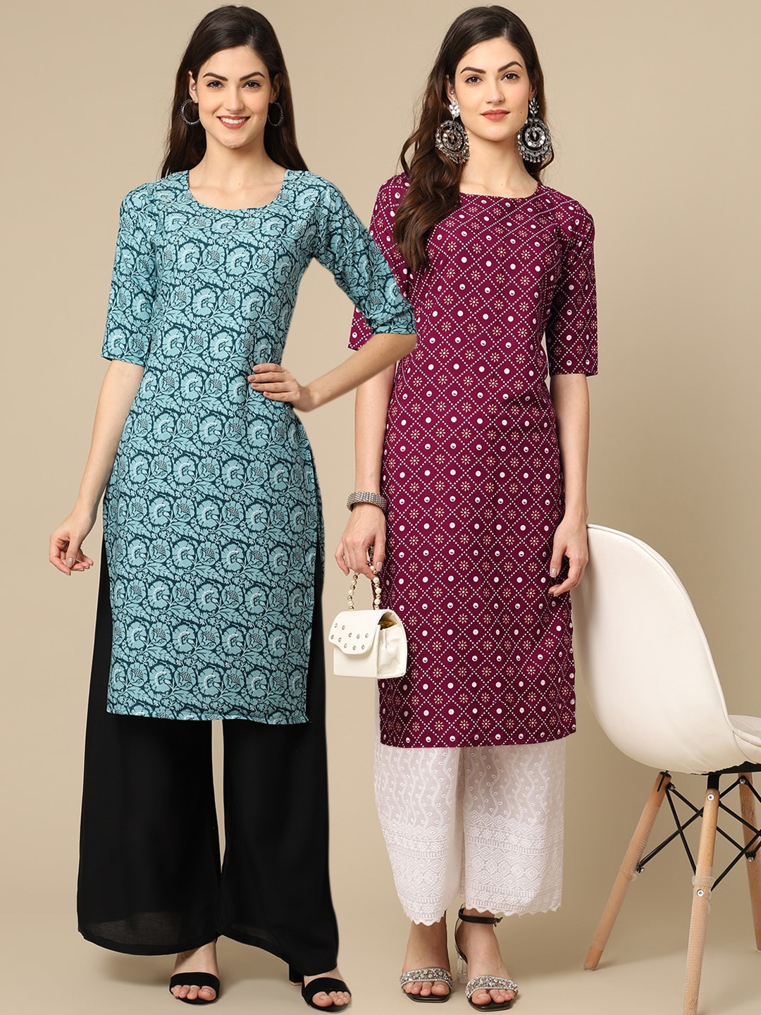 

7Threads Women Pack of 2 Maroon & Green Ethnic Motifs Printed Crepe Kurta