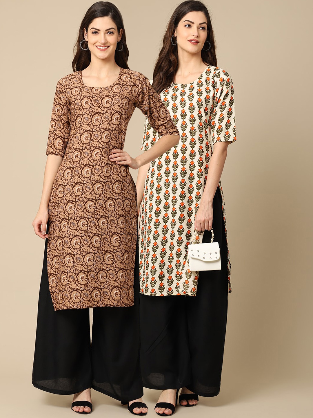 

7Threads Women Pack Of 2 Brown & Beige Floral Printed Crepe Kurta