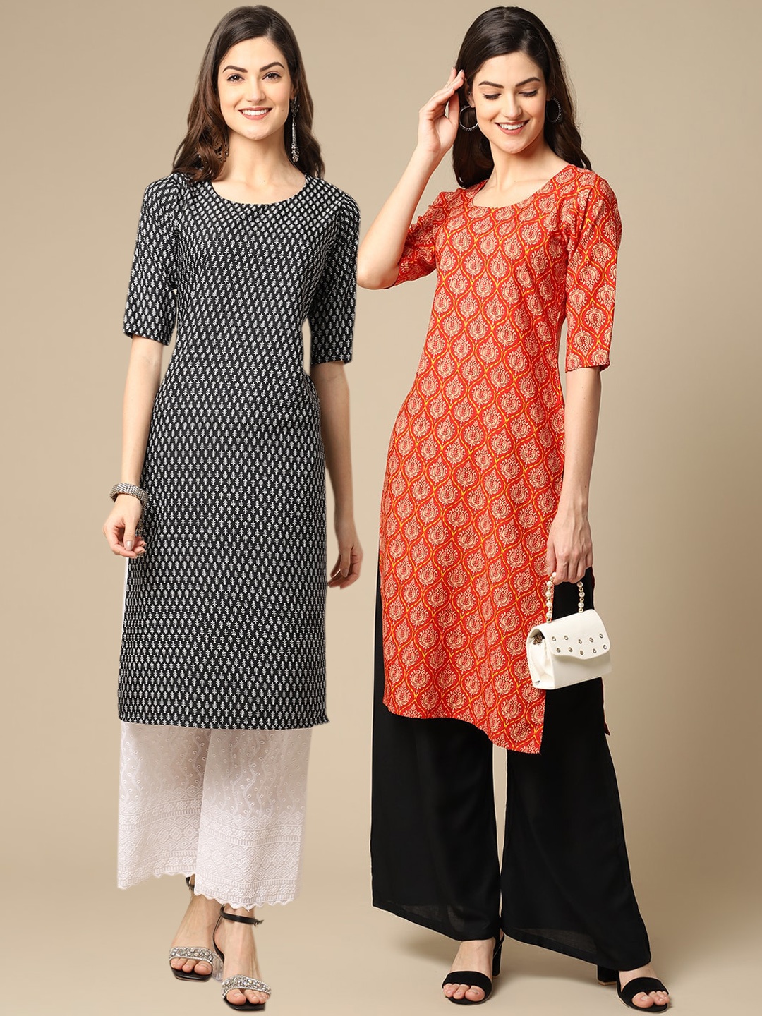 

7Threads Women Black & Orange Pack Of 2 Printed Block Print Crepe Kurta