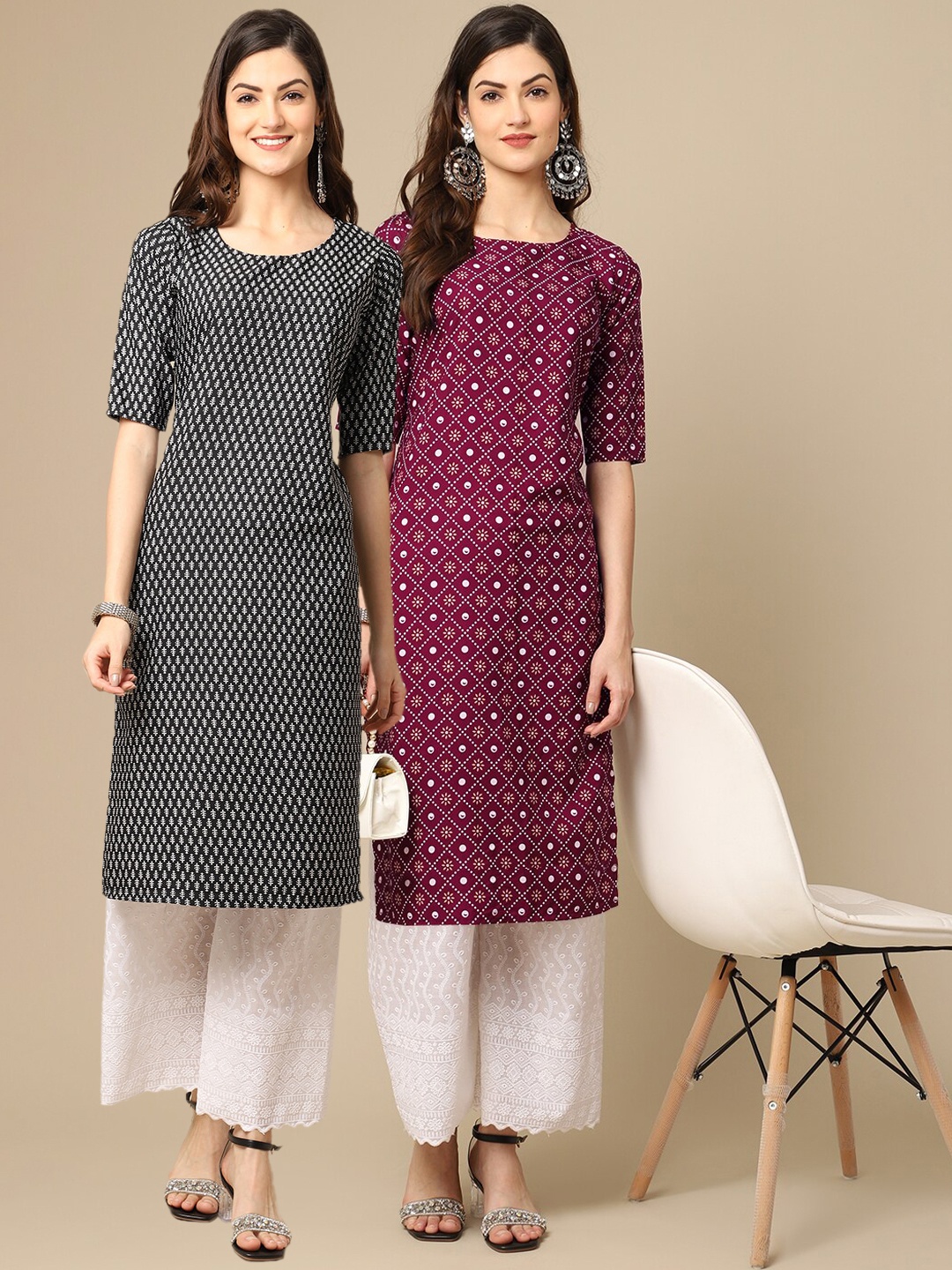 

7Threads Women Pack Of 2 Black & Burgundy Printed Crepe Straight Kurta