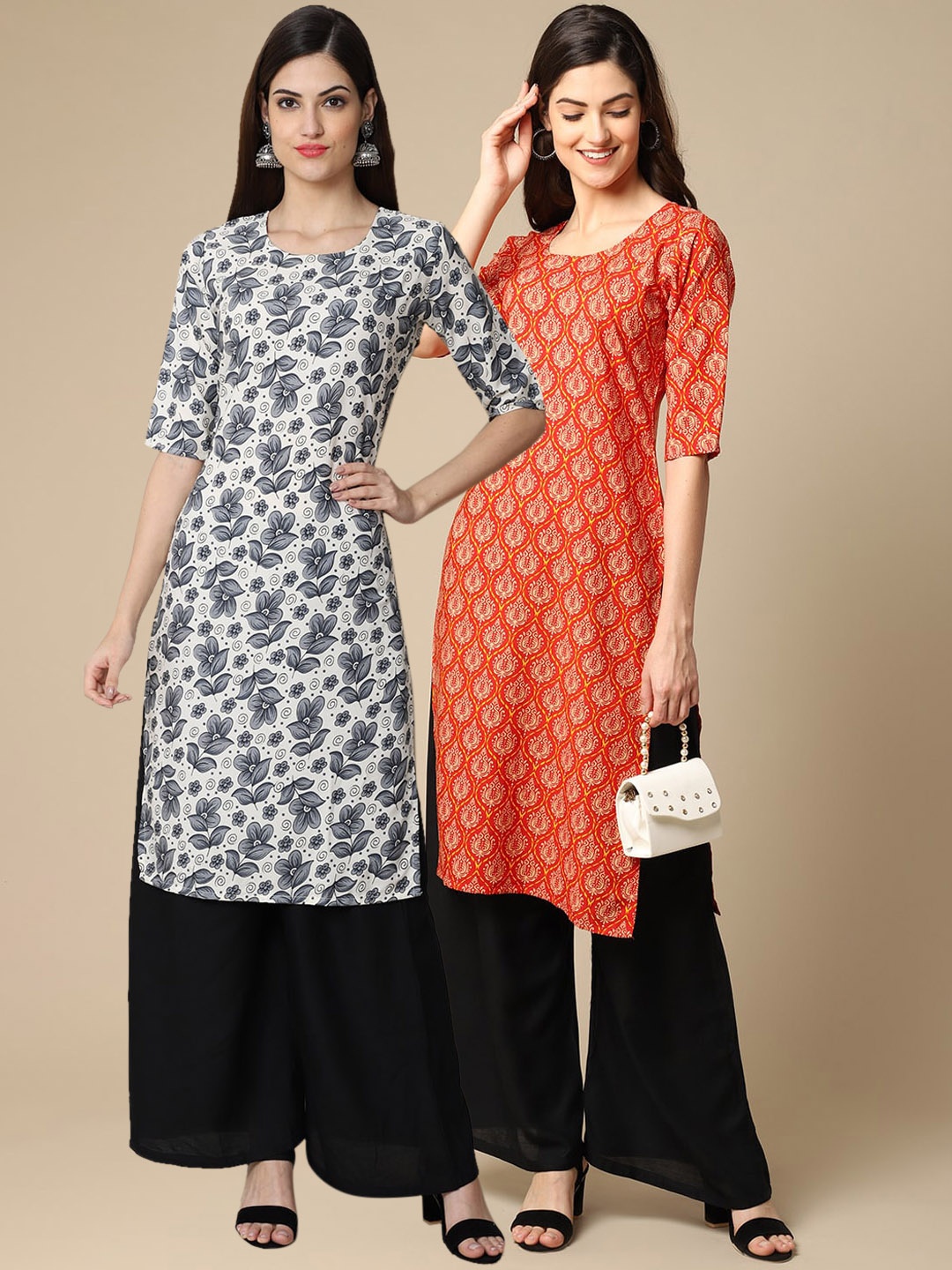 

7Threads Women Pack Of 2 Printed Crepe Kurtas, Orange
