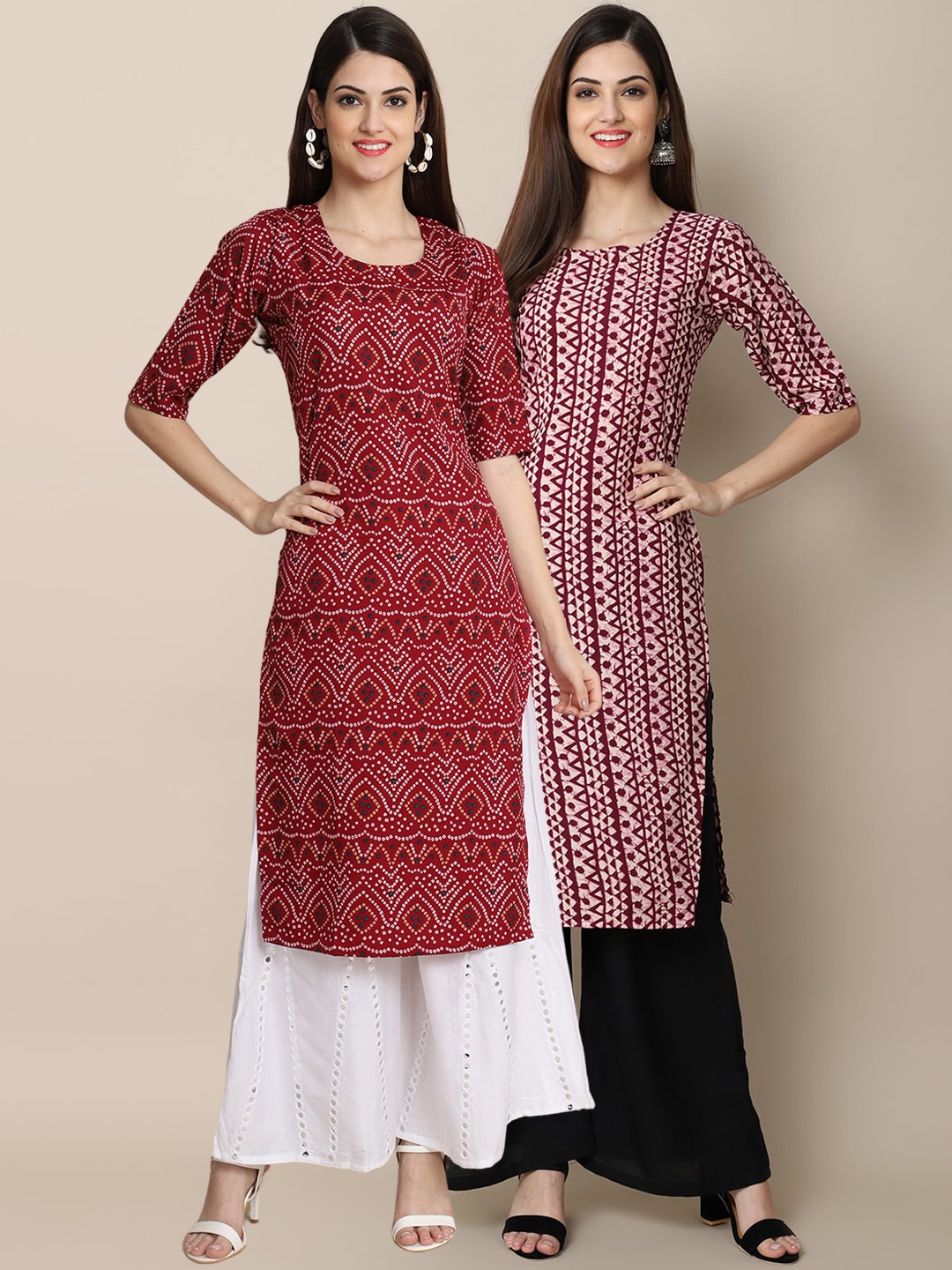 

7Threads Women Maroon Bandhani Printed Handloom Crepe Kurta