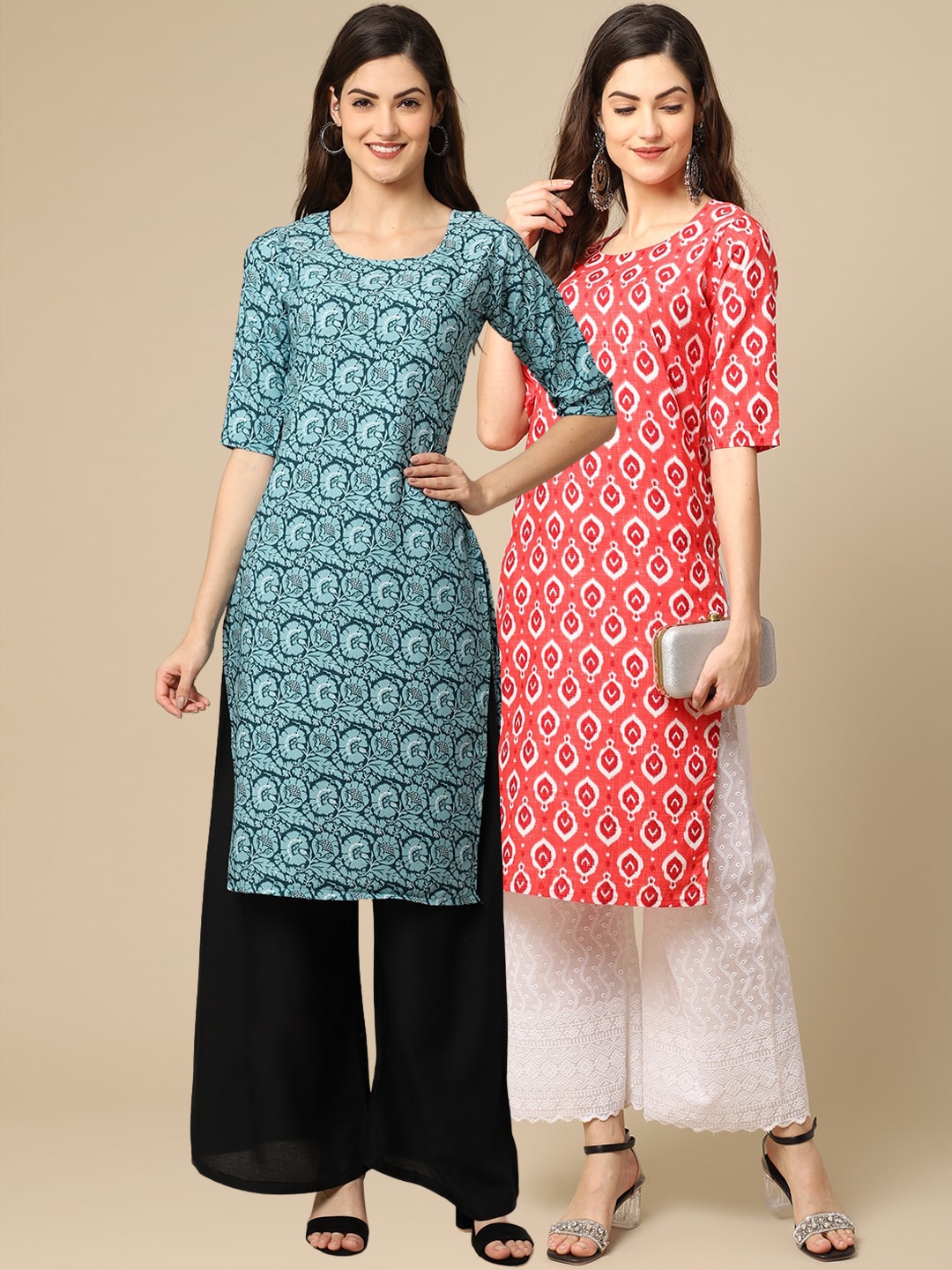 

7Threads Women Blue & Red Pack Of 2 Ethnic Motifs Printed Flared Sleeves Crepe Kurta