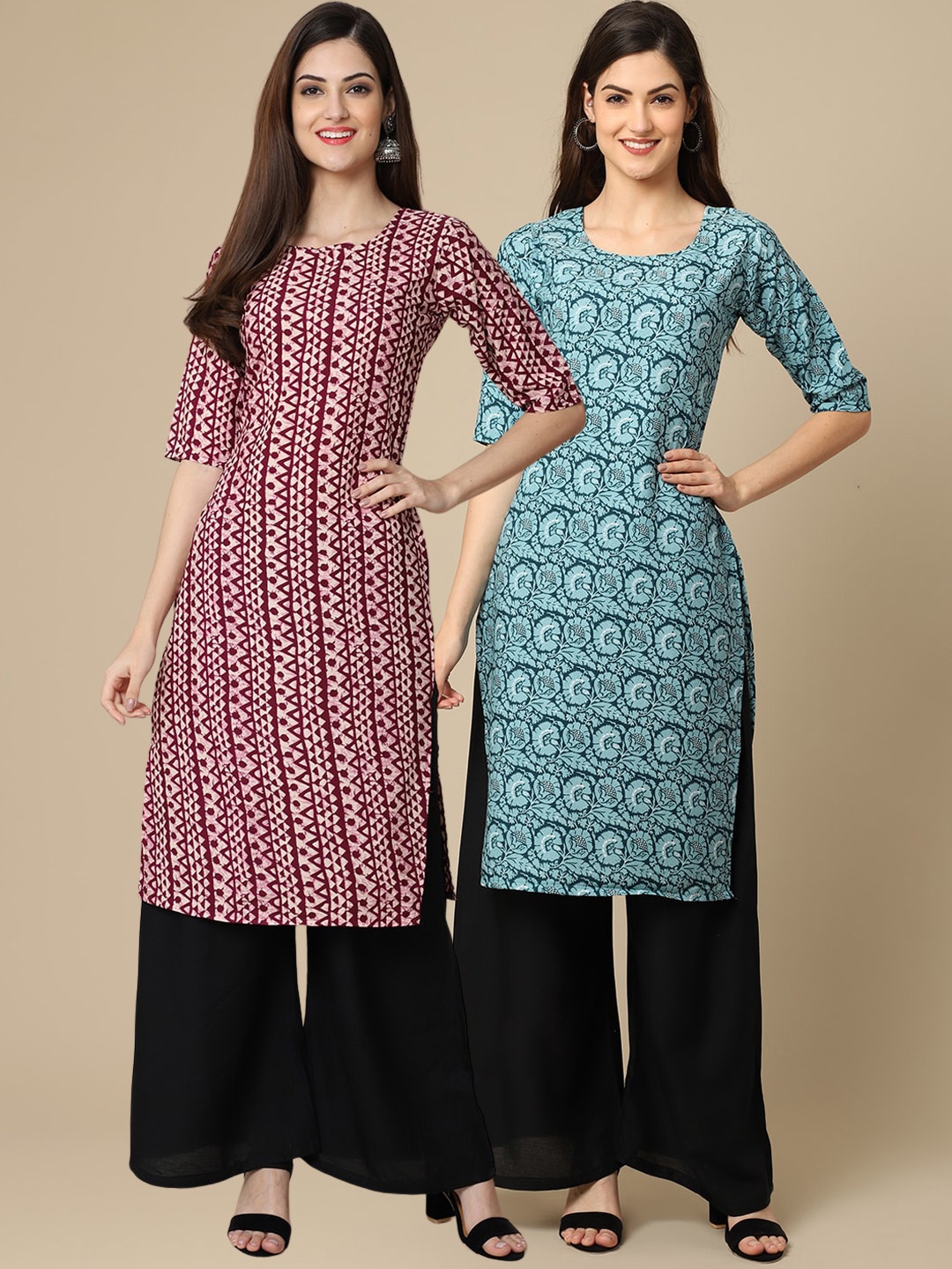 

7Threads Women Pack of 2 Maroon & Blue Printed Block Print Handloom Crepe Kurta