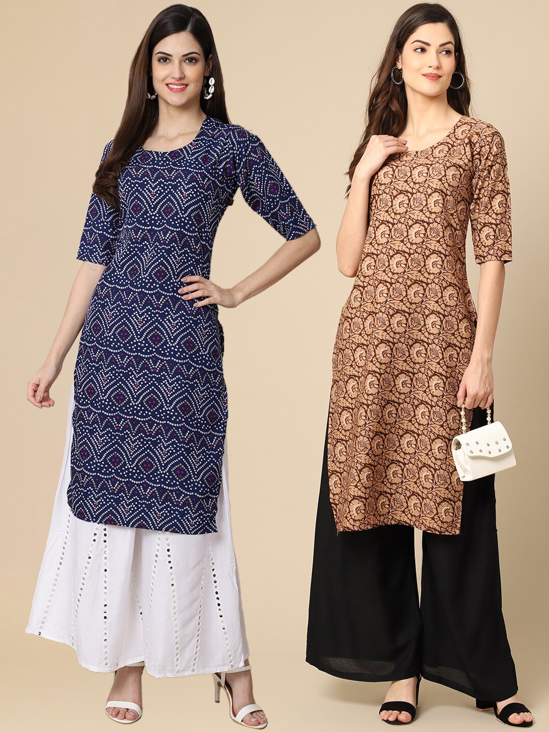 

7Threads Women Pack of 2 Brown & Blue Ethnic Motifs Printed Handloom Crepe Kurta