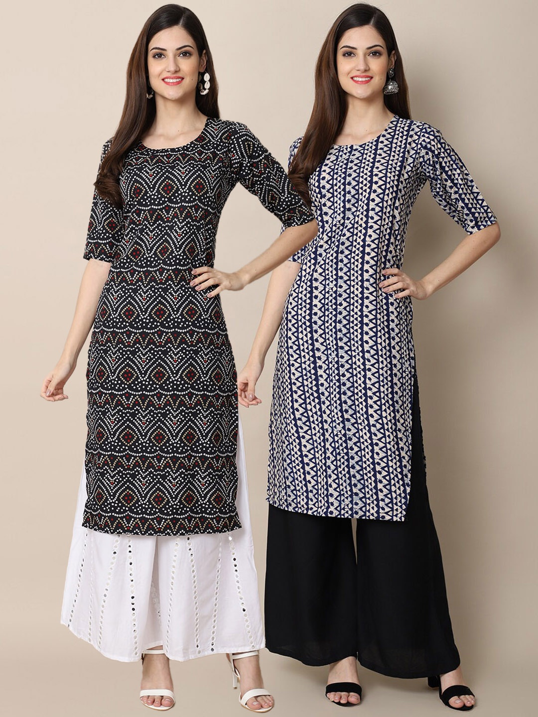 

KALINI Women Pack of 2 Black & Blue Ethnic Motifs Printed Handloom Crepe Kurta