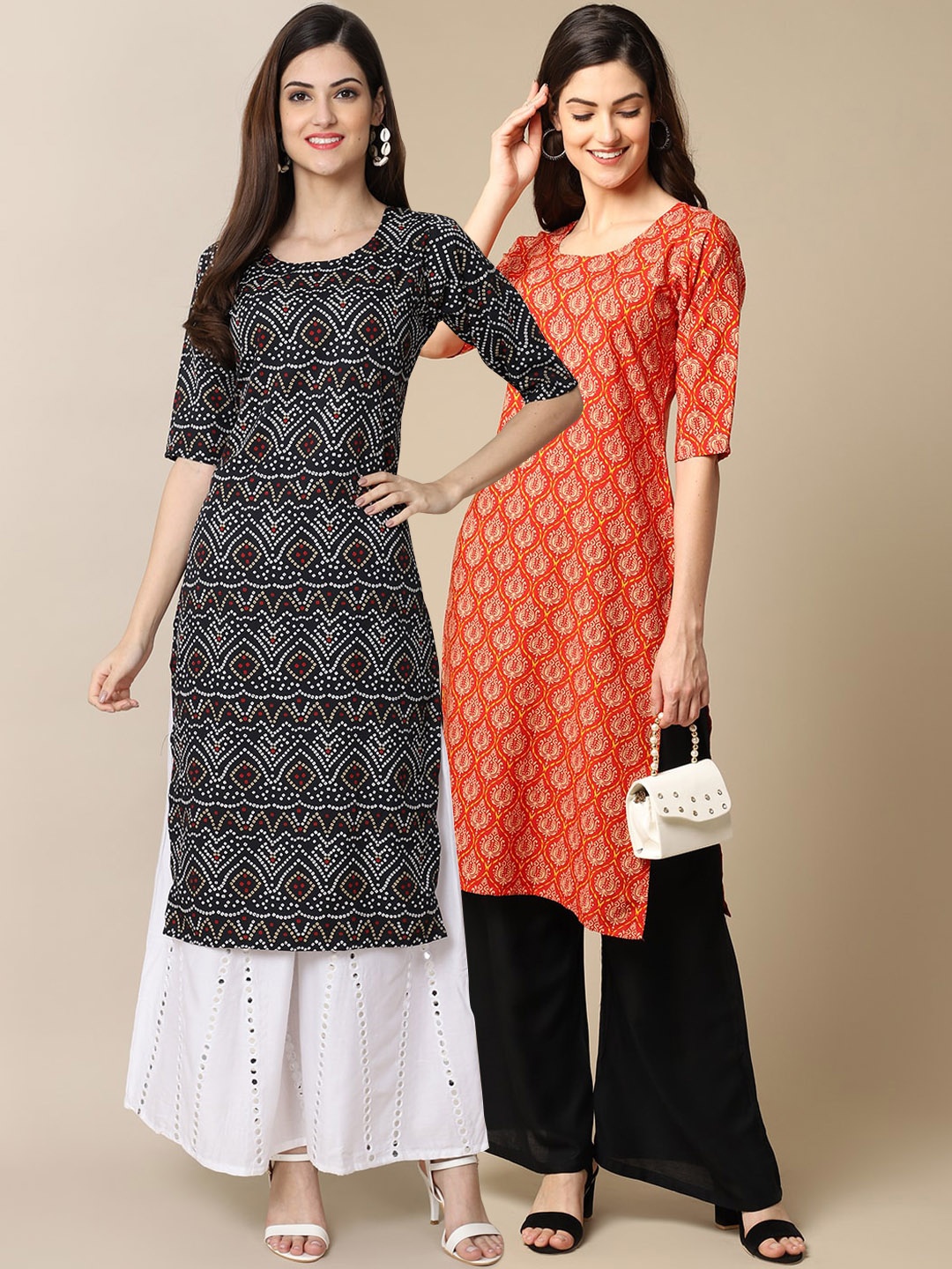 

7Threads Women Pack Of 2 Printed Summer Sheers Crepe Kurta, Black