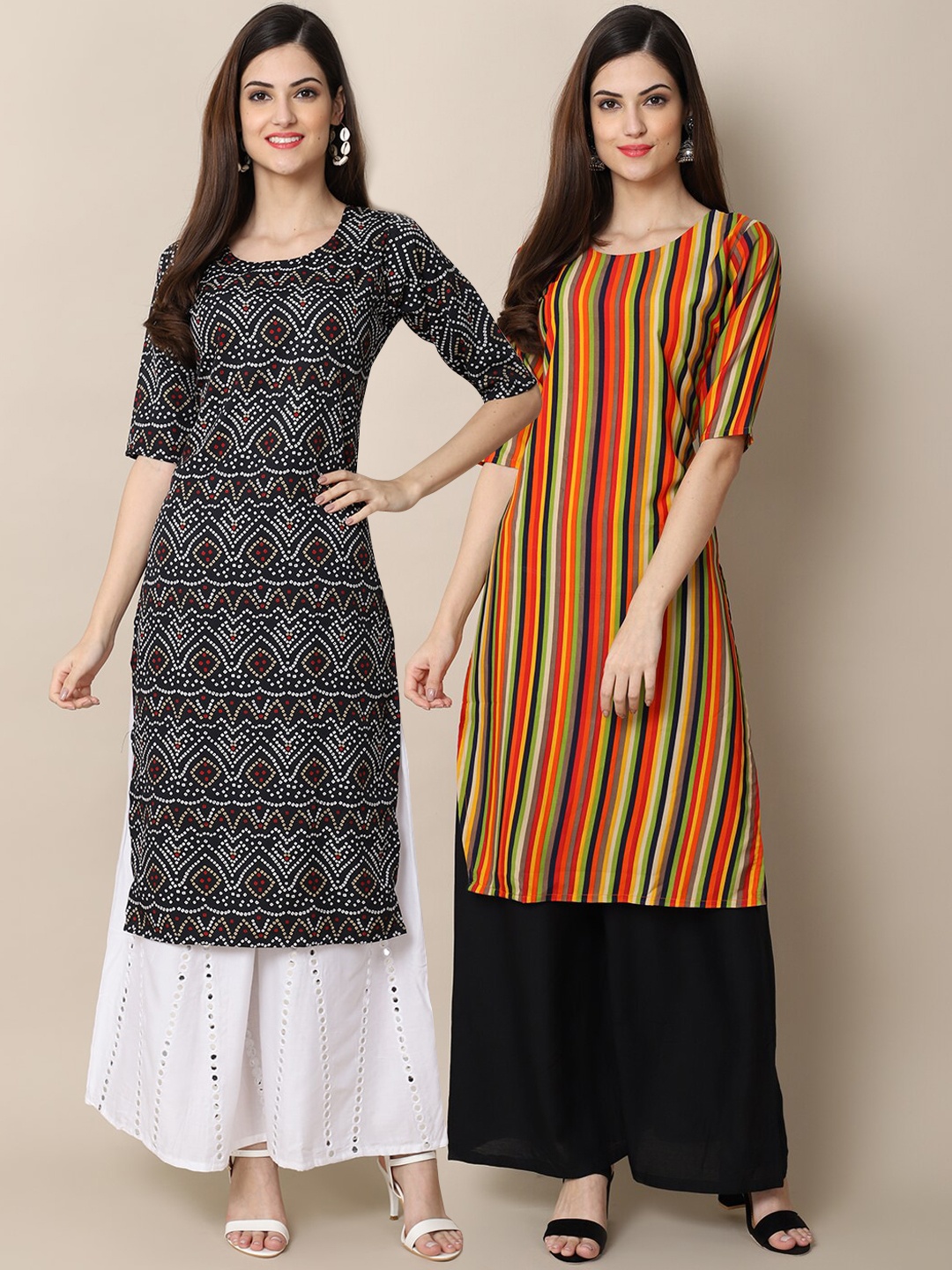 

7Threads Women Pack of 2 Black & Yellow Ethnic Motifs Printed Handloom Crepe Kurta