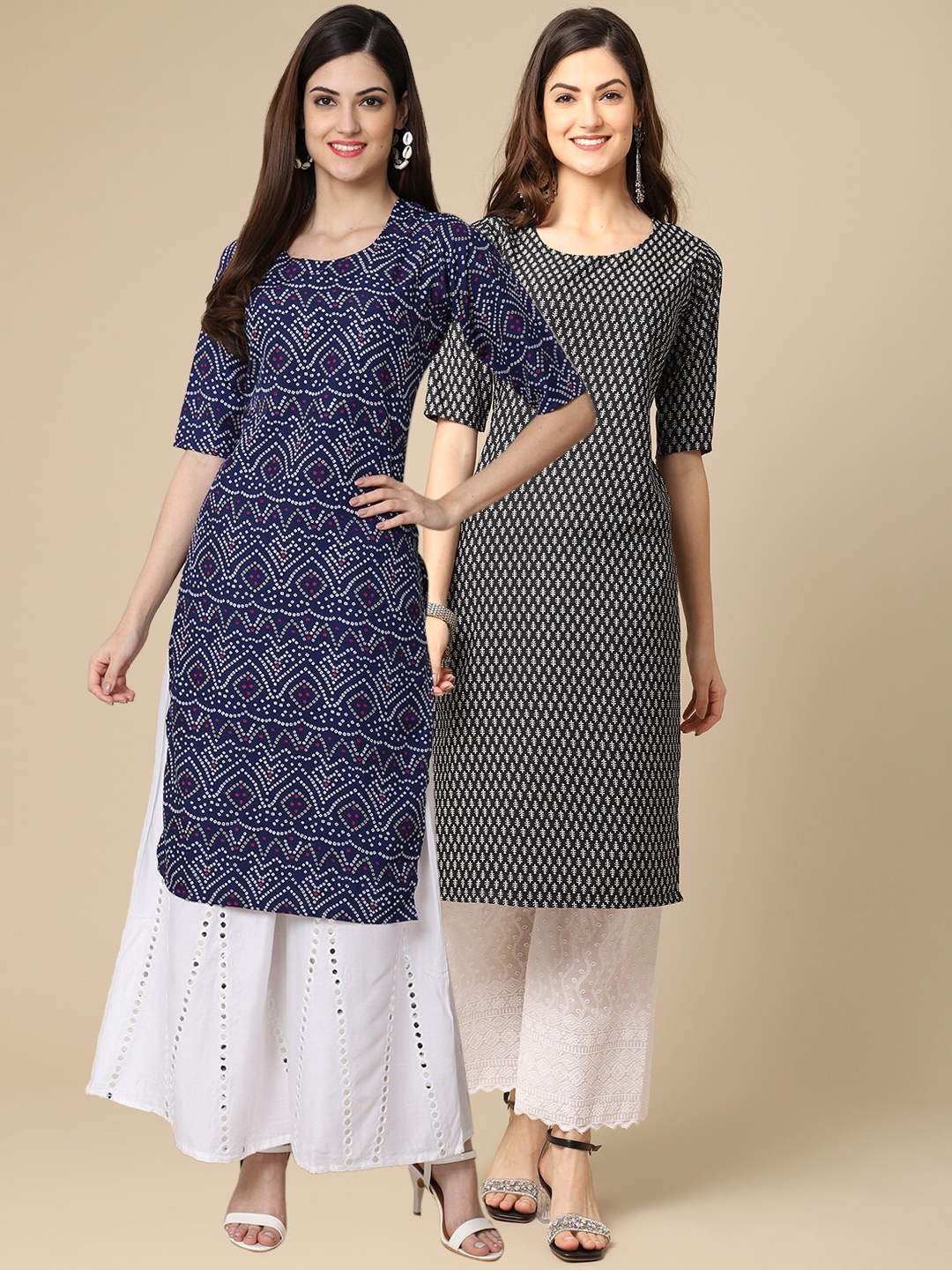 

7Threads Women Pack Of 2 Printed Summer Sheers Crepe Kurta, Navy blue