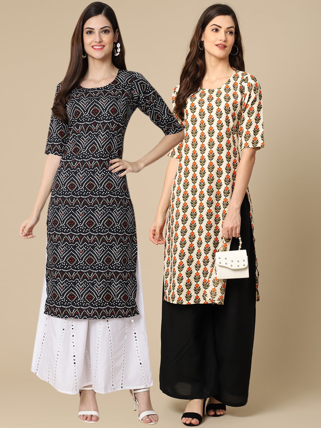 

7Threads Women Pack of 2 Black & Cream-Coloured Ethnic Motifs Printed Handloom Crepe Kurta