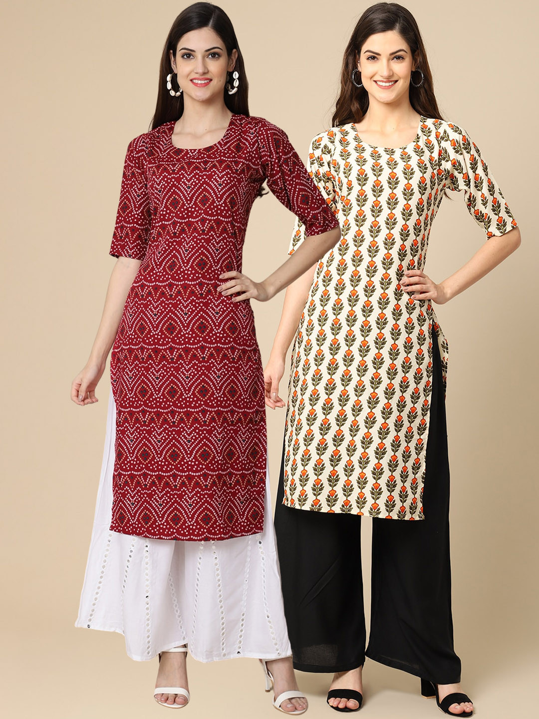 

7Threads Set of 2 Women Printed Block Print Handloom Crepe Straight Kurta, Maroon