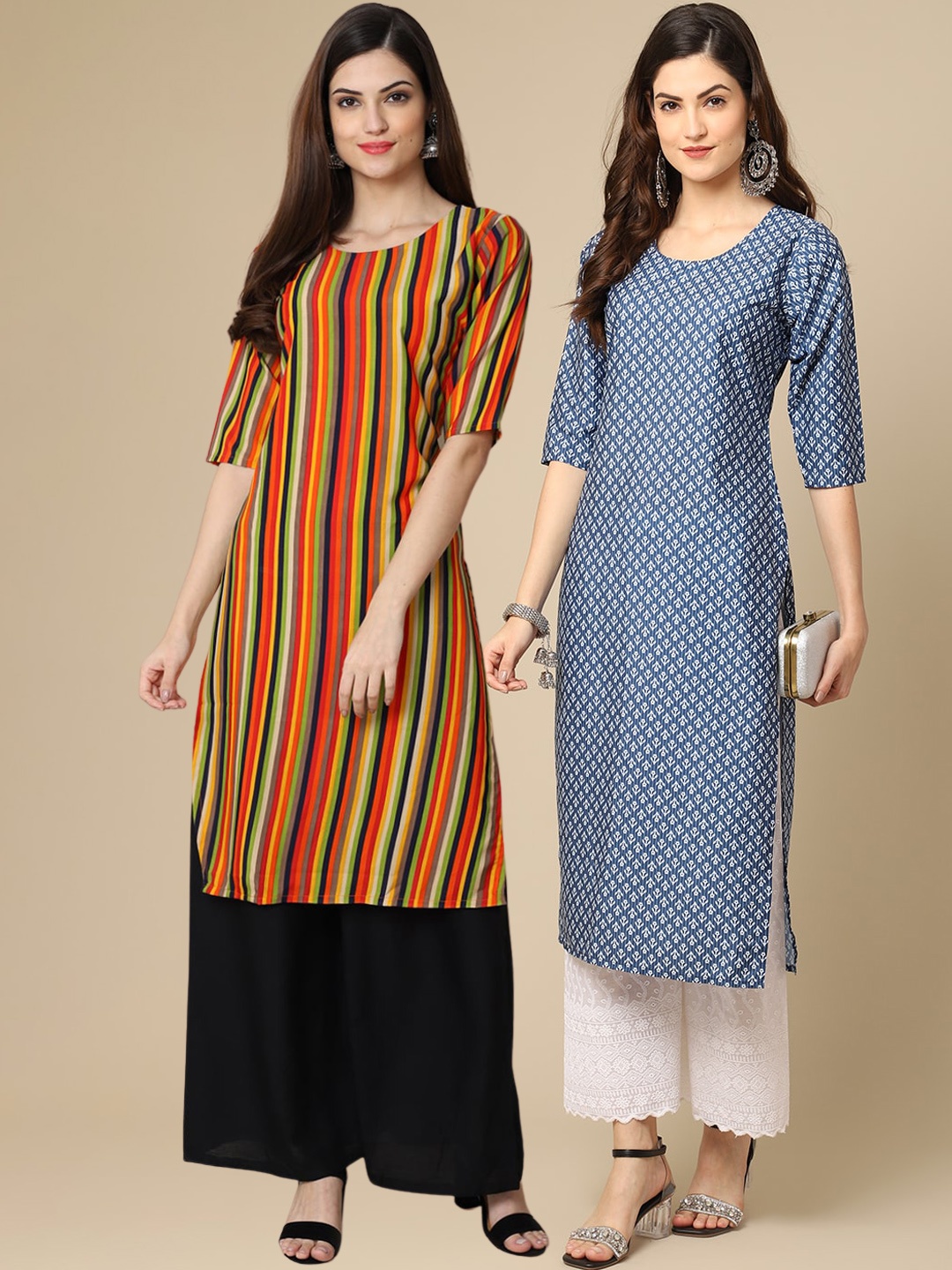 

7Threads Women Multicoloured & Blue Printed Crepe Pack of 2 Kurta, Multi