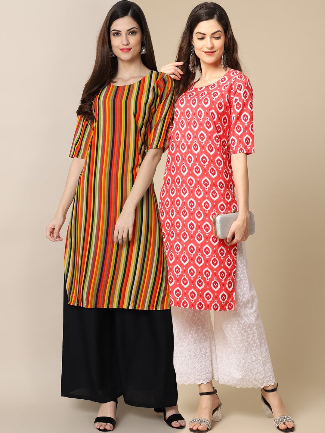 

7Threads Women Pack Of 2 Multicoloured & Peach-Coloured Printed Crepe Kurta, Multi