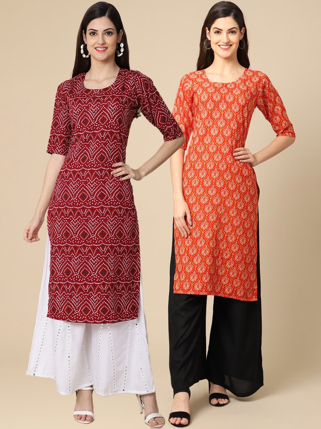 

KALINI Women Pack of 2 Marron and Orange Block Print Handloom Crepe Kurta, Maroon