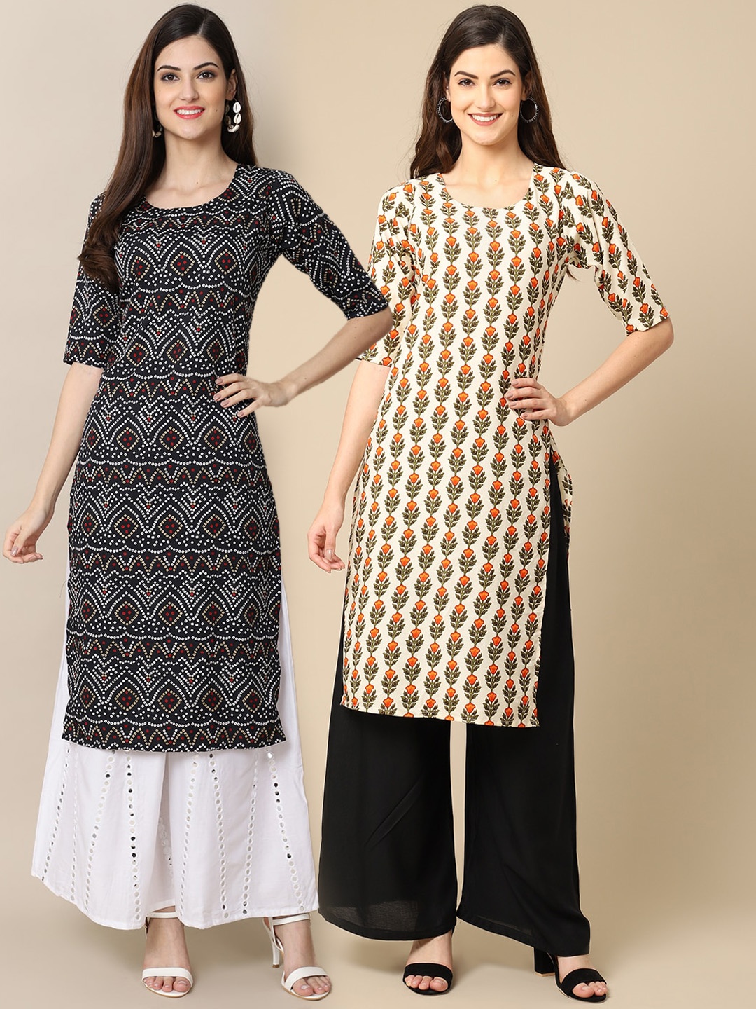 

7Threads Set of 2 Women Printed Block Print Handloom Crepe Straight Kurta, Black