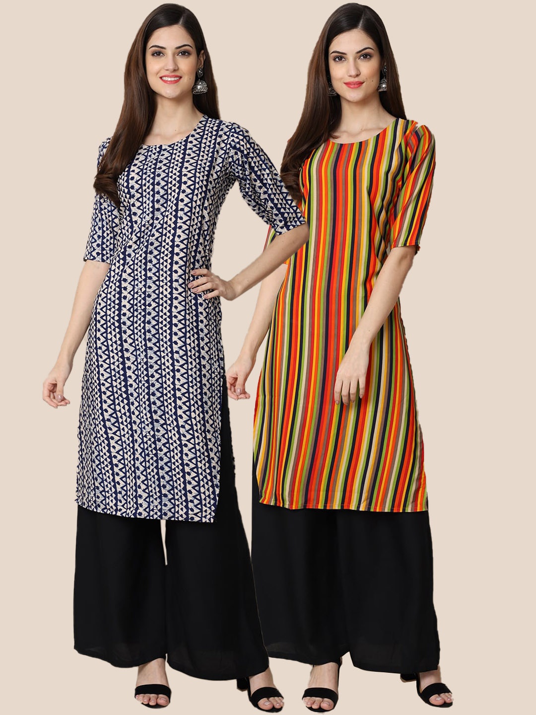 

7Threads Women Pack Of 2 Blue & Orange Striped Block Print Crepe Kurta