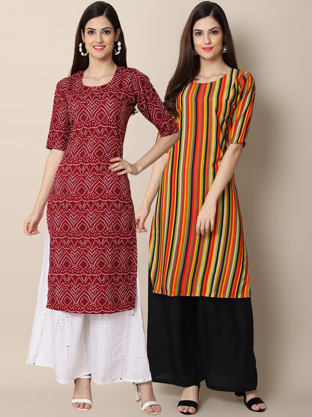 

7Threads Women Pack Of 2 Maroon & Orange Striped Straight Crepe Kurta