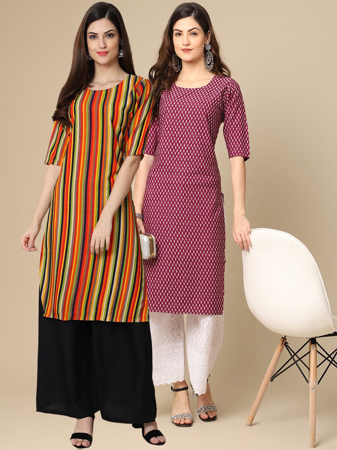 

7Threads Women Pack Of 2 Yellow & Maroon Ethnic Motifs Printed Crepe Kurta