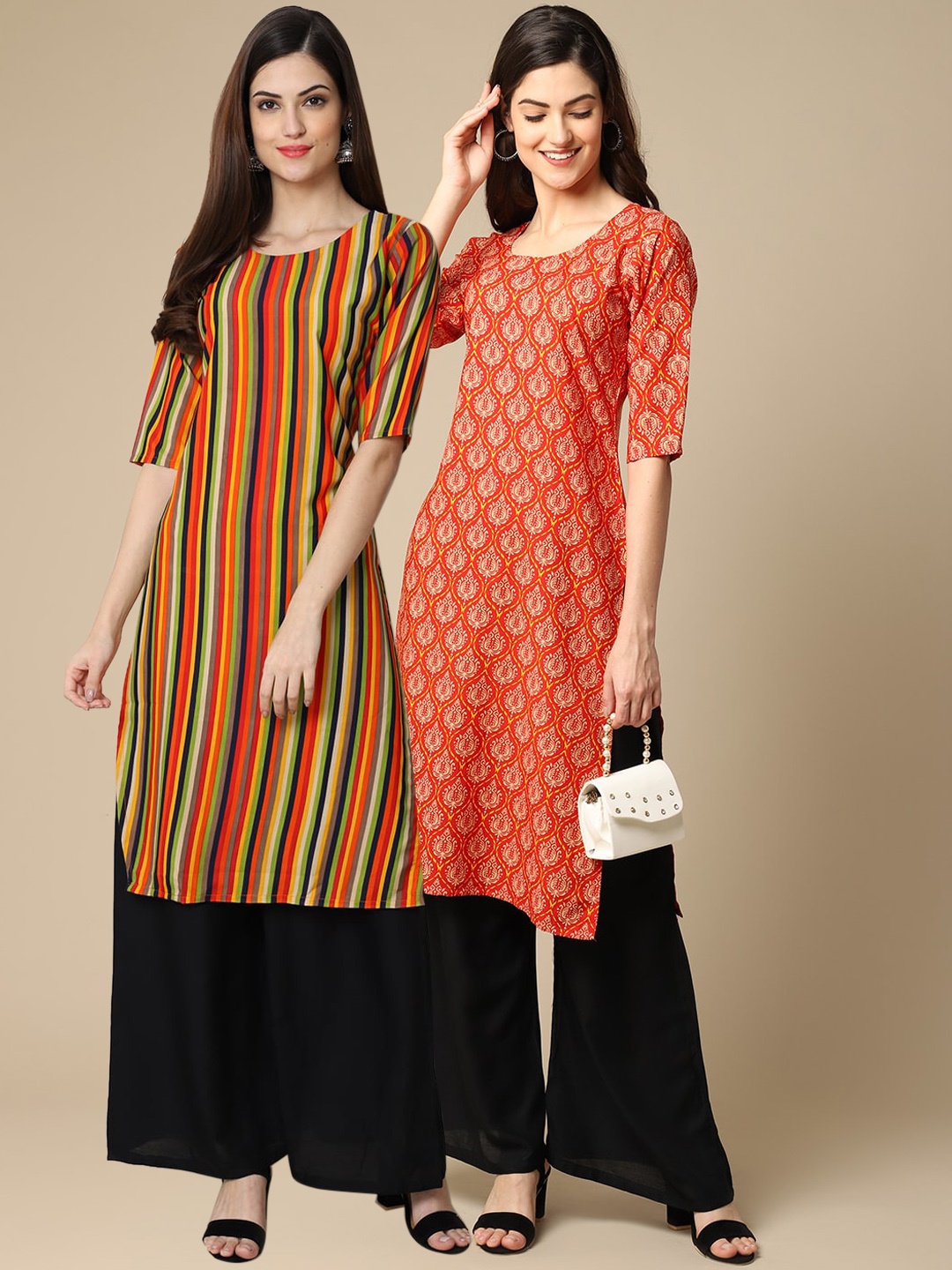 

7Threads Women Pack Of 2 Orange & Coral Printed Block Print Crepe Kurtas