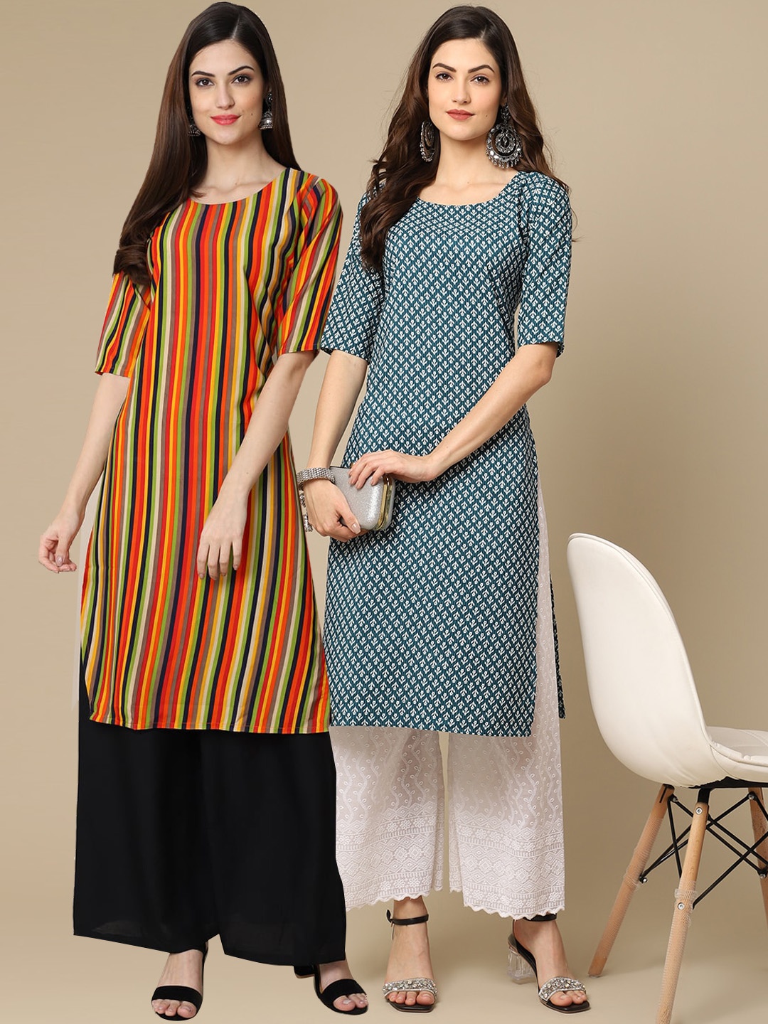 

7Threads Women Pack of 2 Mustard Yellow Printed Thread Work Crepe Kurta
