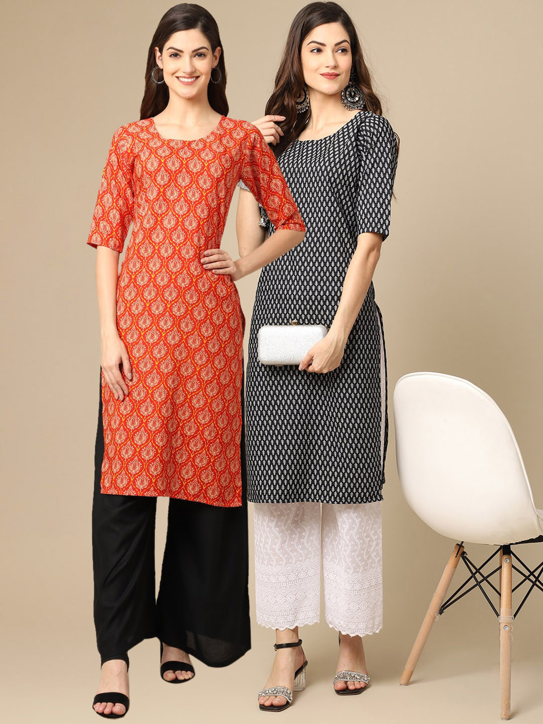

7Threads Women Pack Of 2 Orange & Black Ethnic Motifs Printed Crepe Kurta