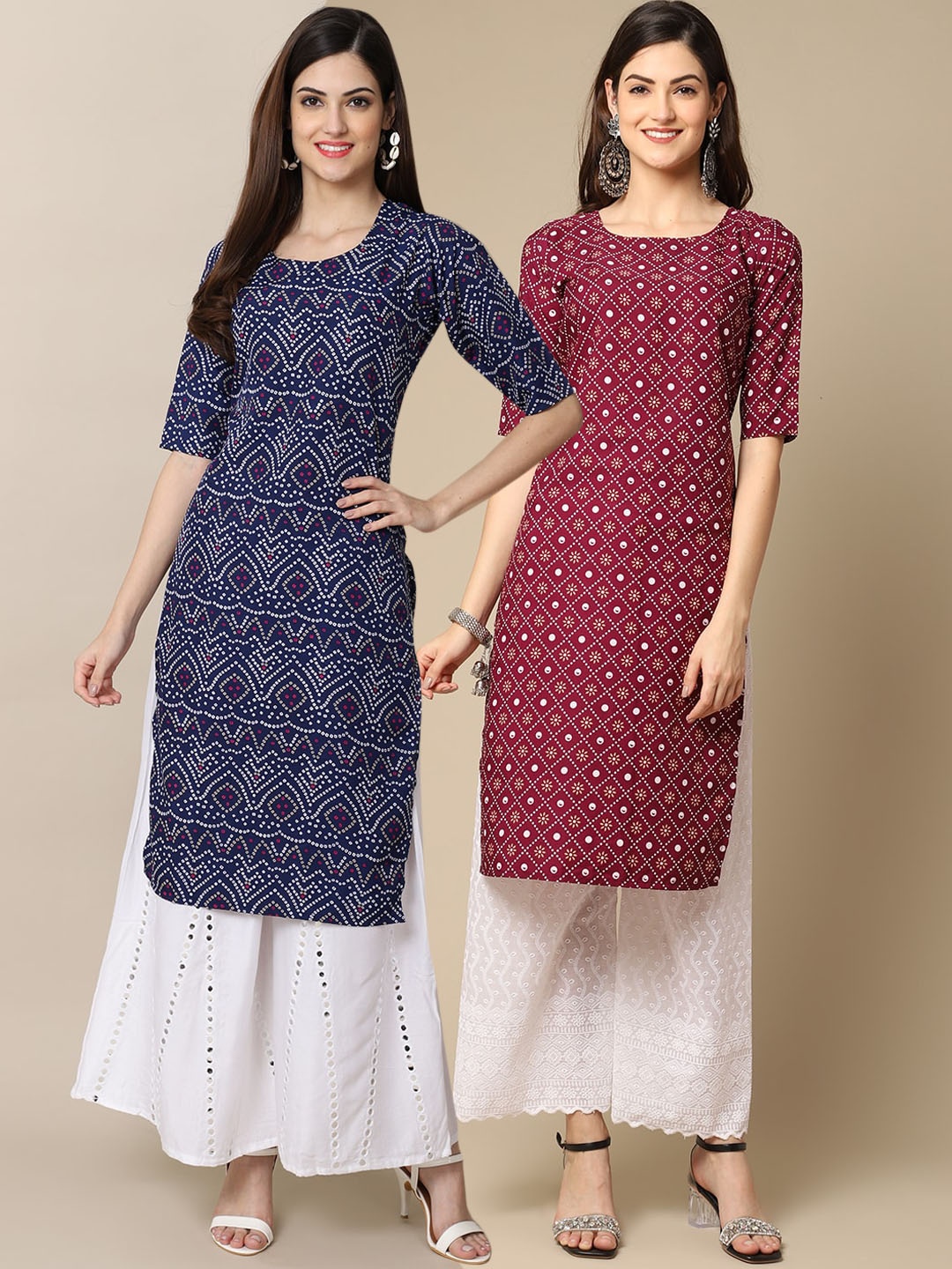 

7Threads Women Pack Of 2 Blue & Maroon Bandhani Printed Crepe Kurta