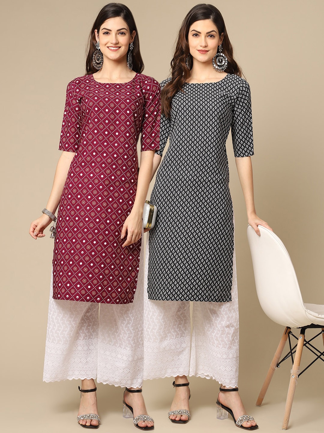 

7Threads Women Pack of 2 Maroon & Black Printed Block Print Handloom Crepe Kurta
