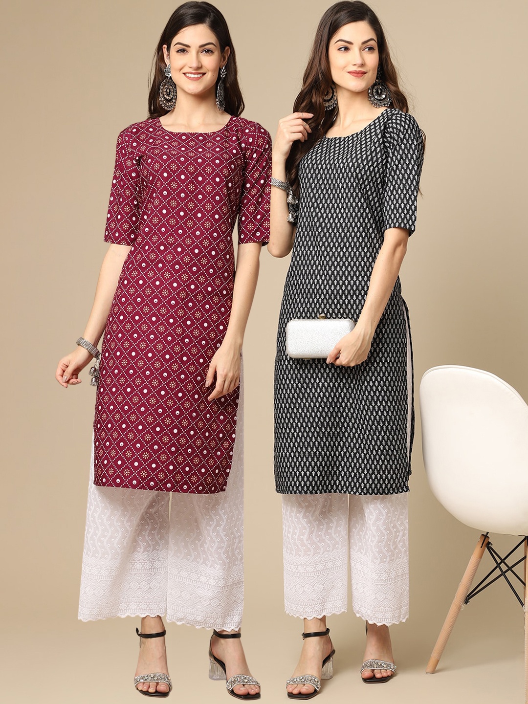 

7Threads Women Pack of 2 Ethnic Motifs Printed Crepe Kurta, Maroon