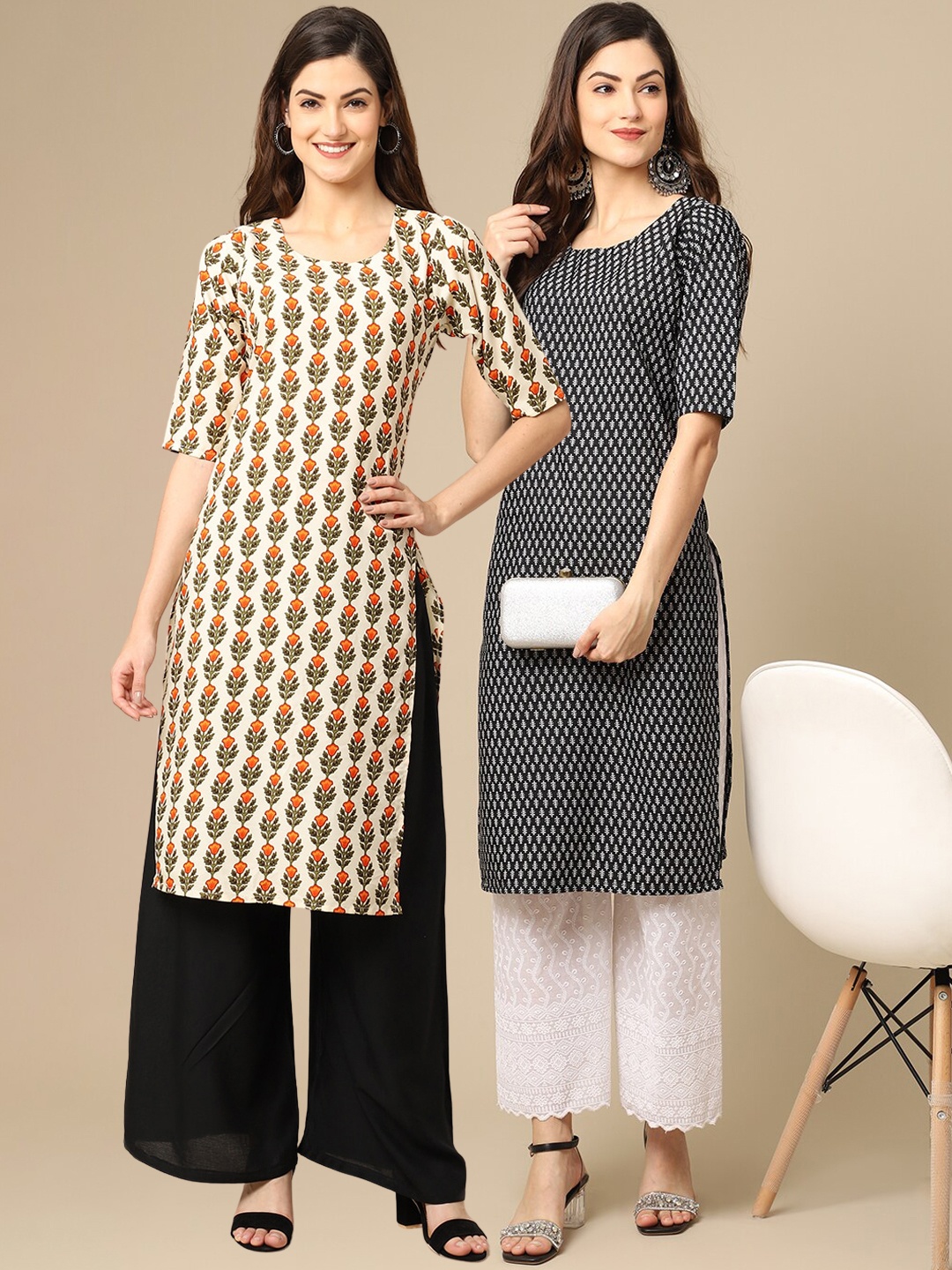 

7Threads Women Pack Of 2 Paisley Block Print Handloom Crepe Kurta, Multi