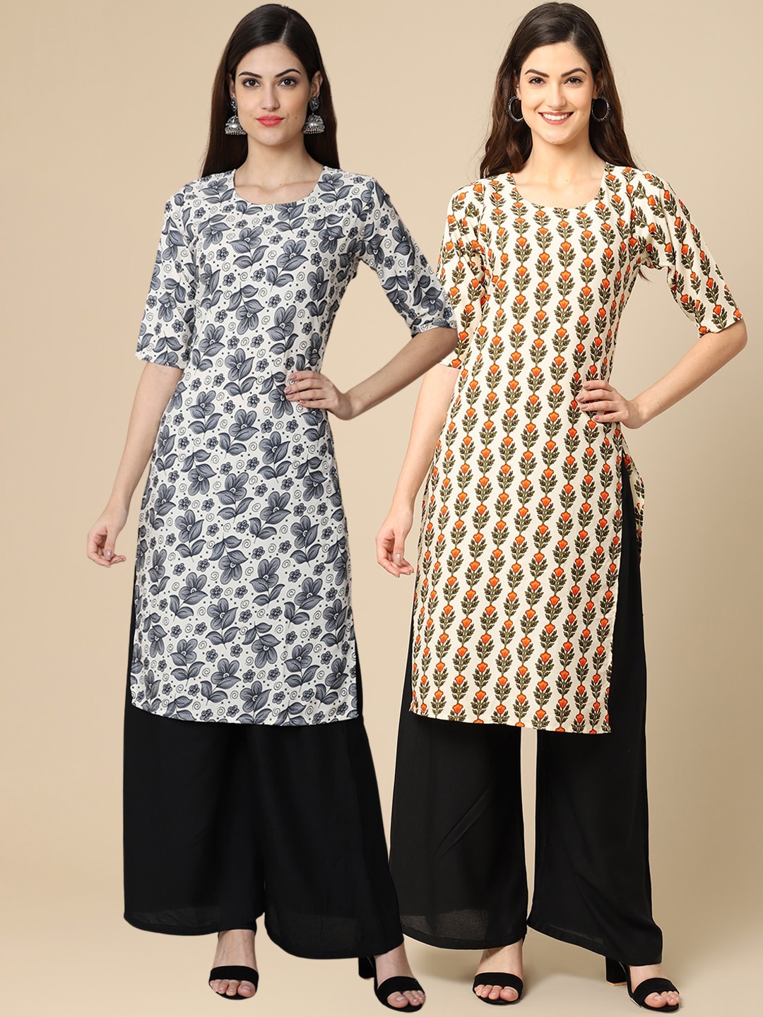 

7Threads Women Pack Of 2 Cream-Coloured & White Ethnic Motifs Printed Crepe Kurta