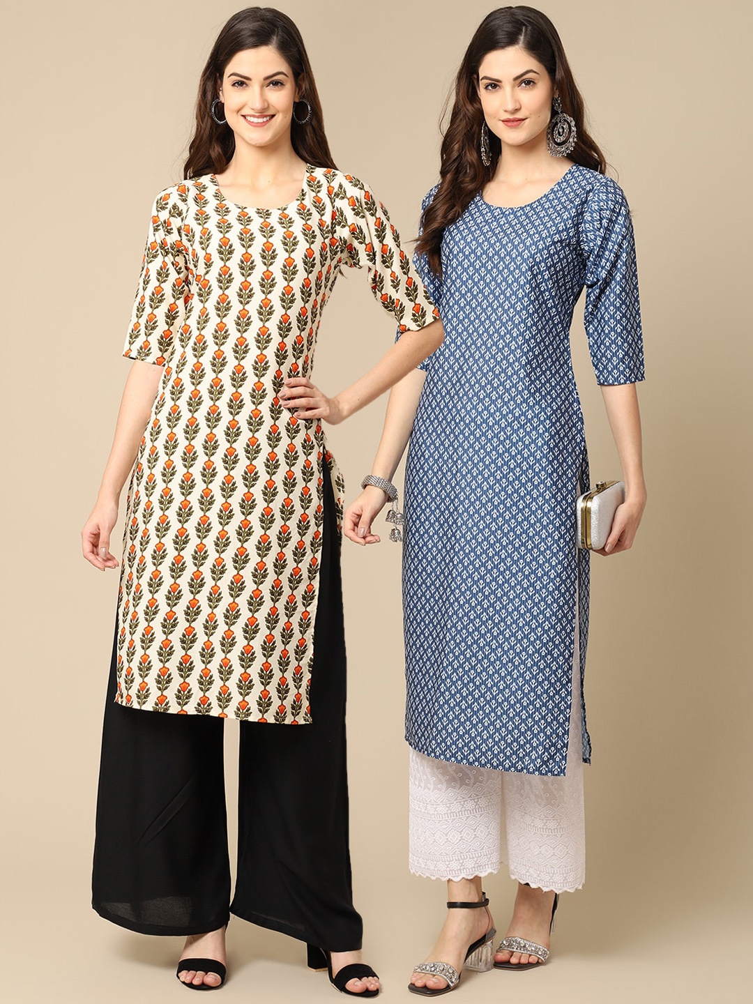 

7Threads Women Pack Of 2 Ethnic Motifs Printed Crepe Kurta, Blue